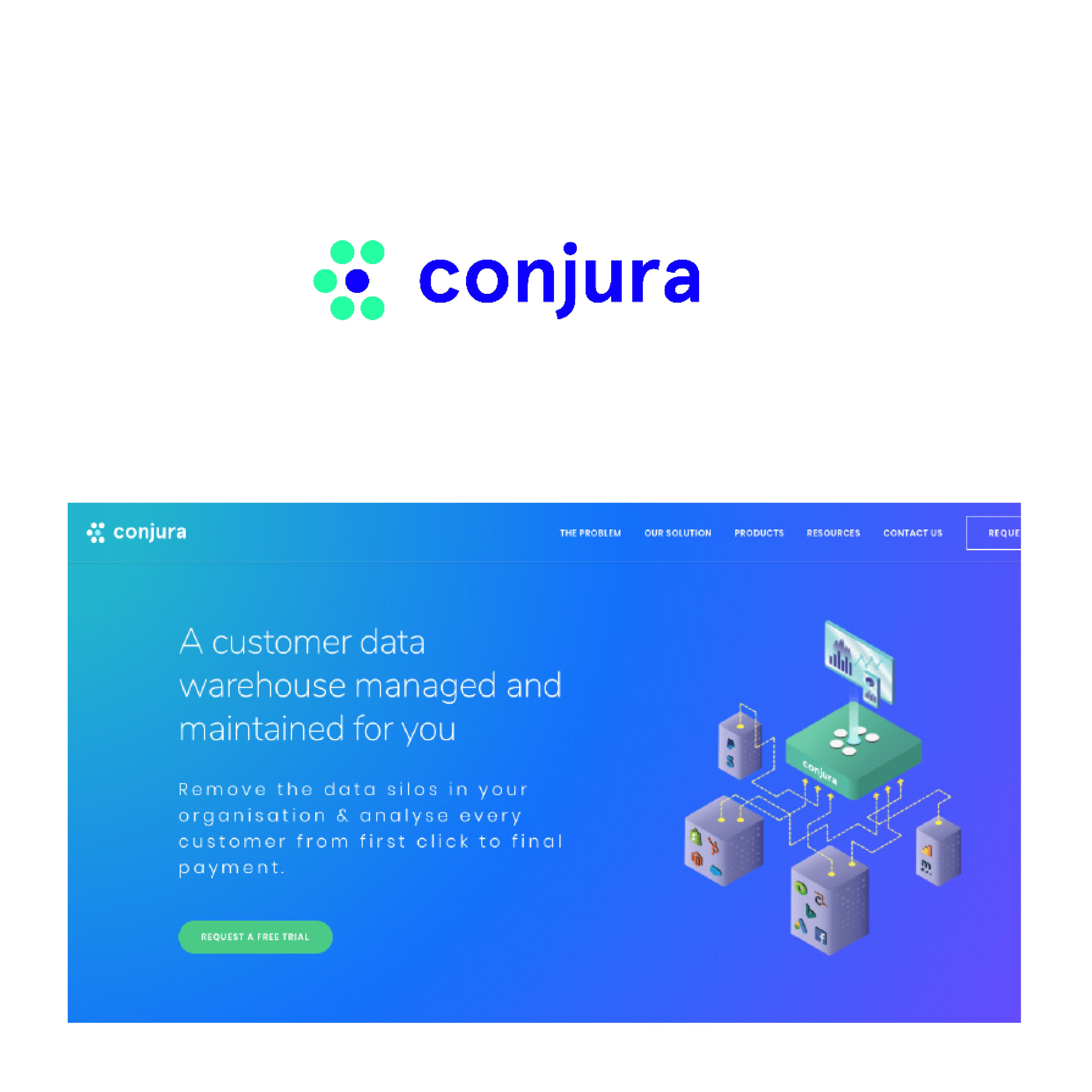 Conjura old logo and homepage design featuring blue colour scheme and technical illustrations