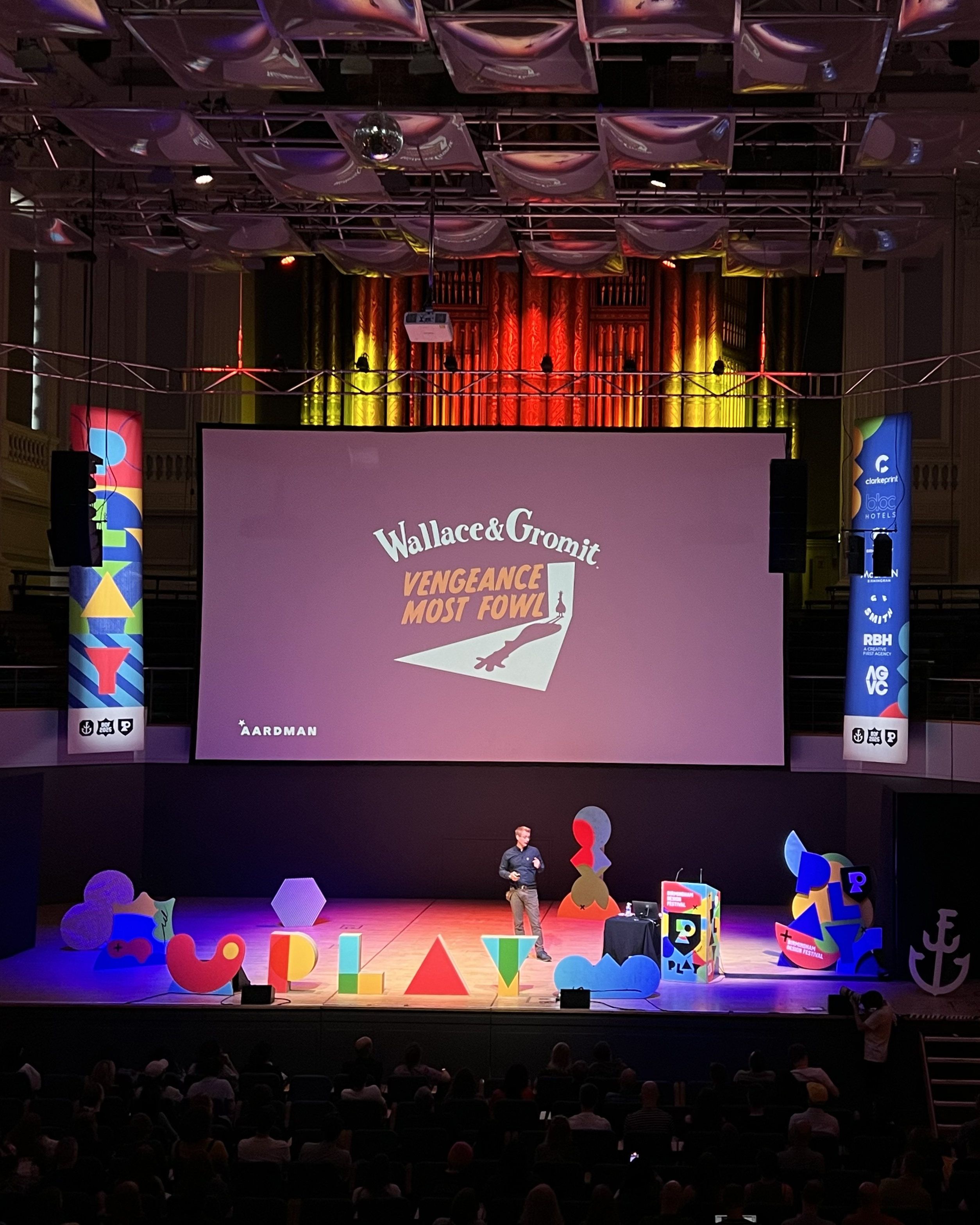 Merlin Crossingham from Aardman speaking at Birmingham Design Festival 2025 on play in design and creative production