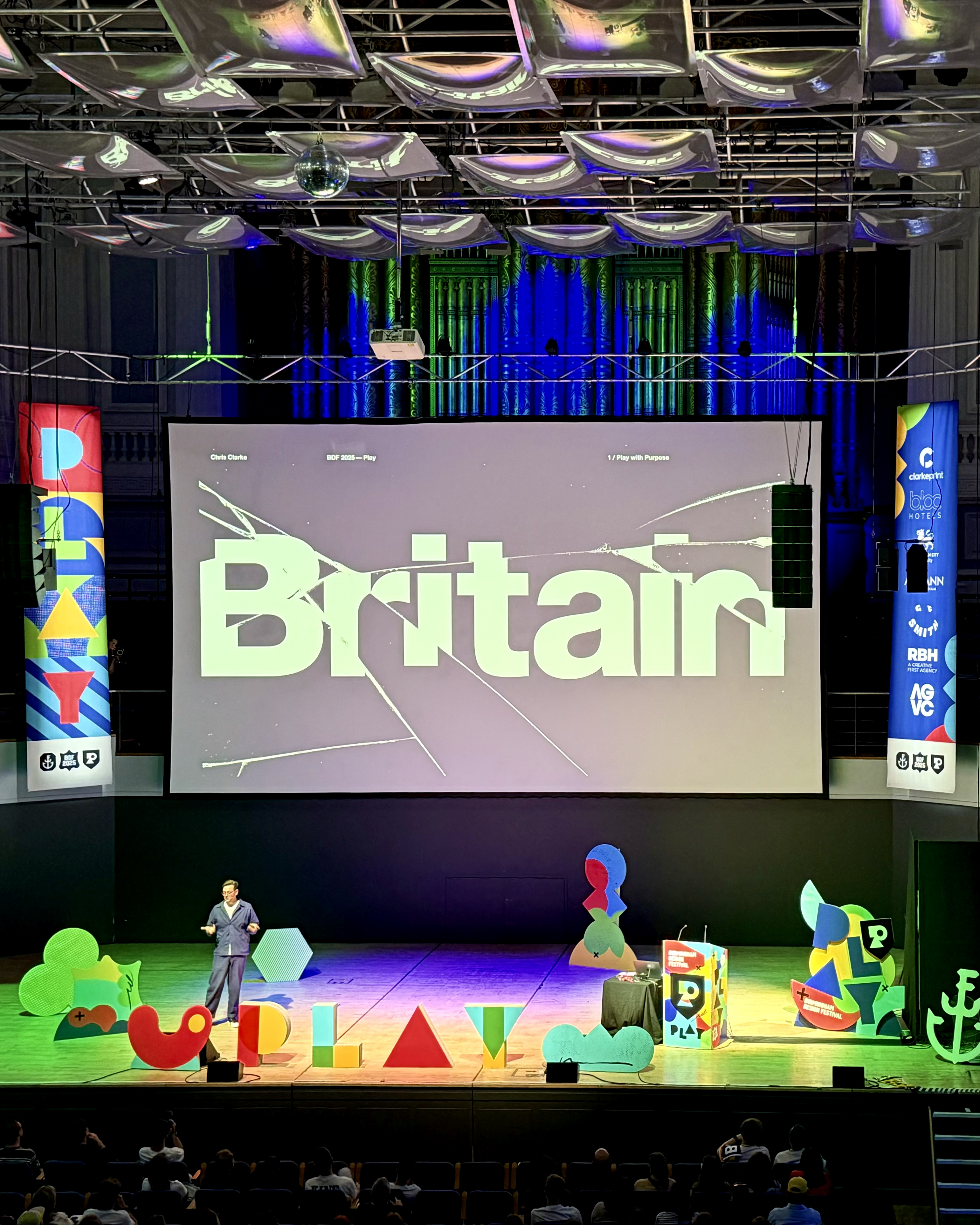 Chris Clarke of The Guardian presenting at Birmingham Design Festival 2025, highlighting the role of play in brand and design
