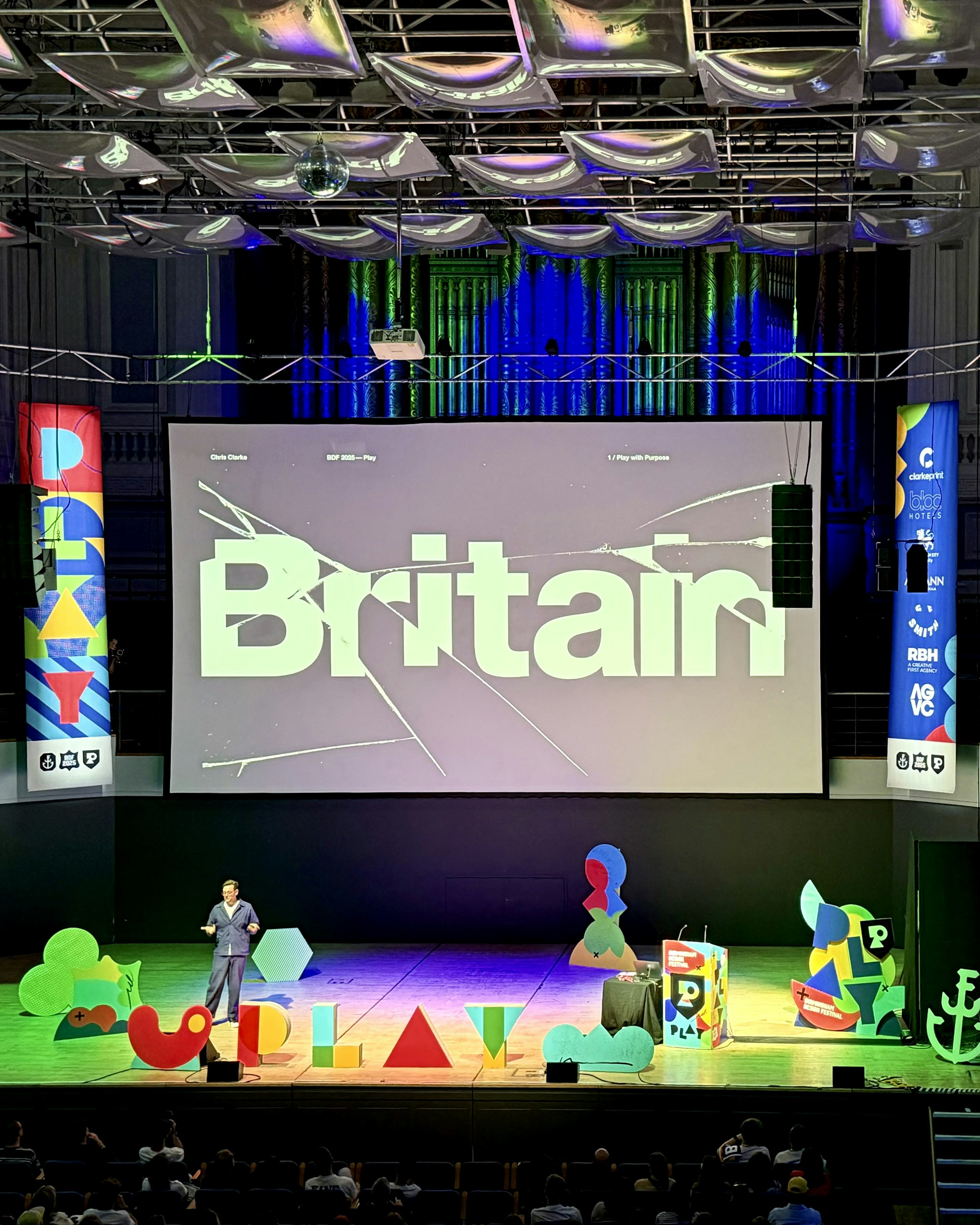 Chris Clarke of The Guardian presenting at Birmingham Design Festival 2025, highlighting the role of play in brand and design