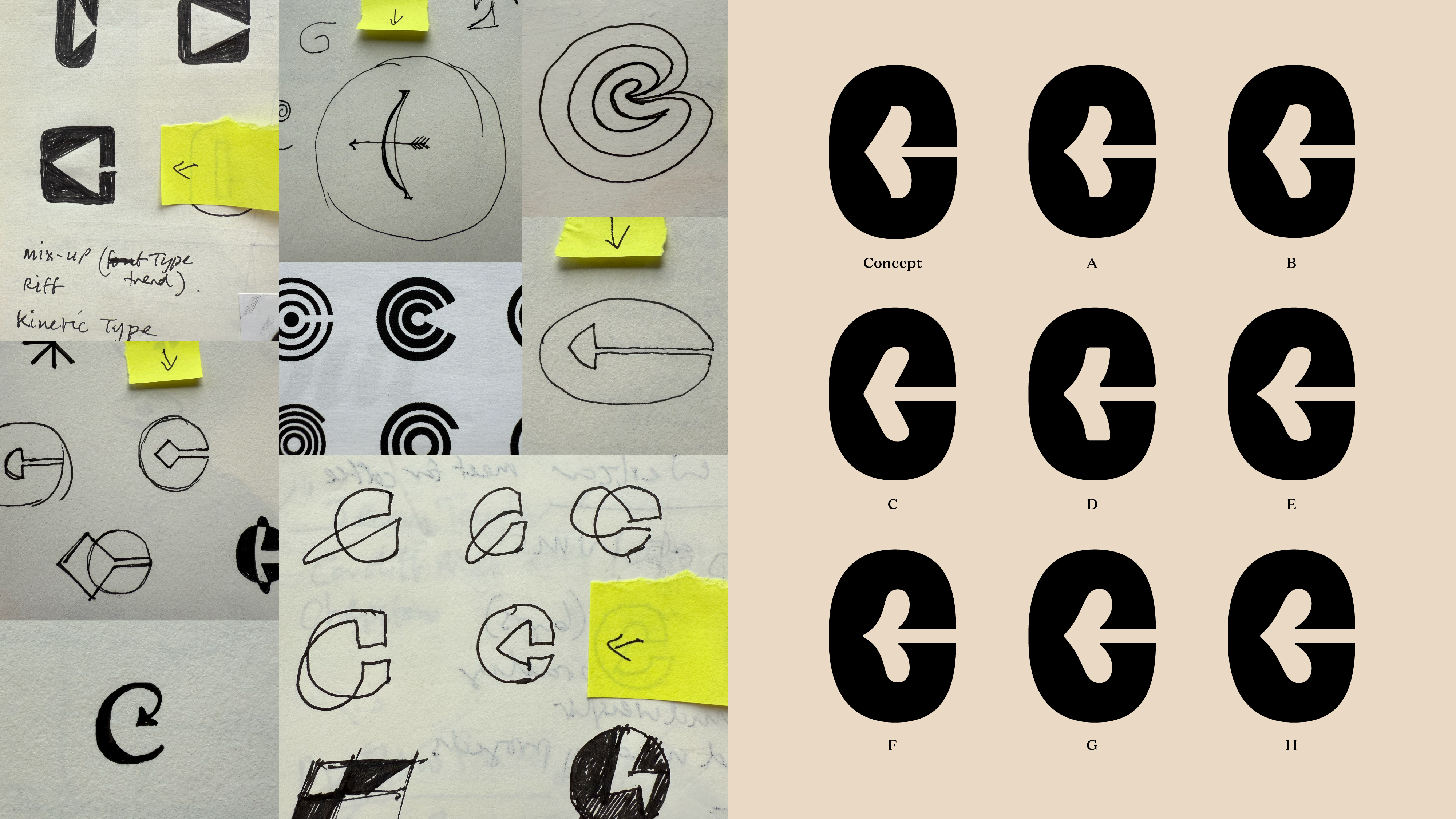 Letter C and arrow logo design sketches and concept variations, showing hand-drawn symbol explorations and refined vector options for brand development.