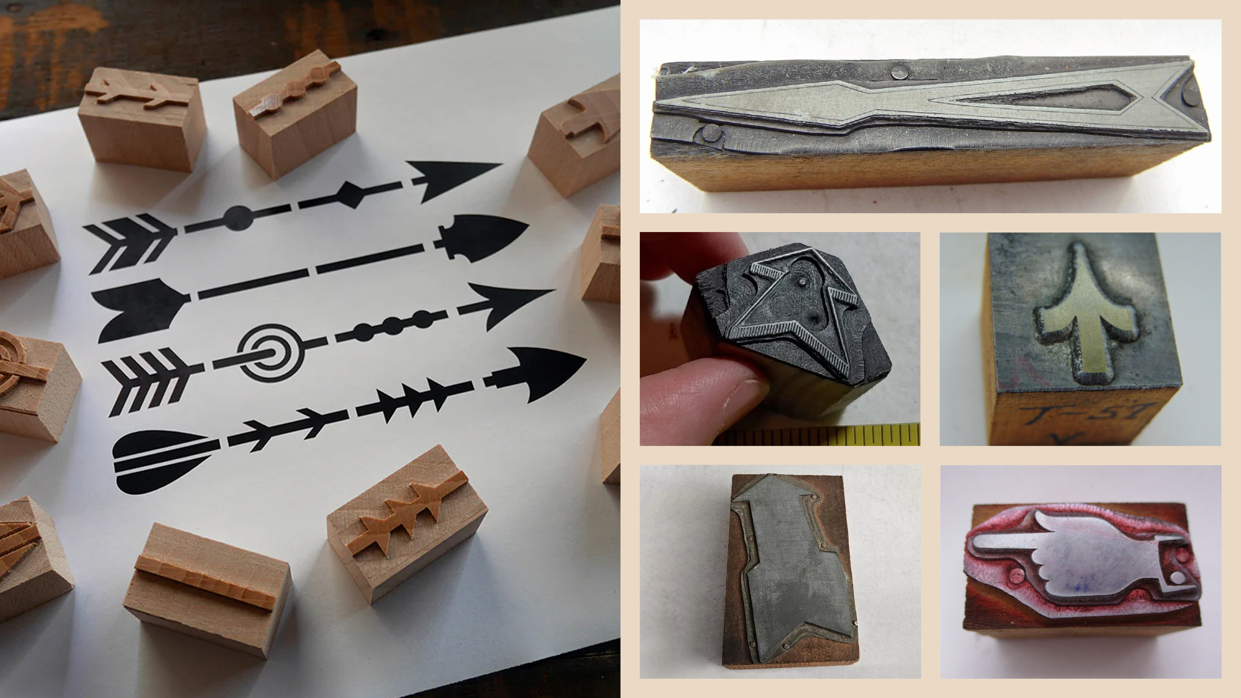 Various arrow printing blocks, showcasing antique letterpress wood and metal type