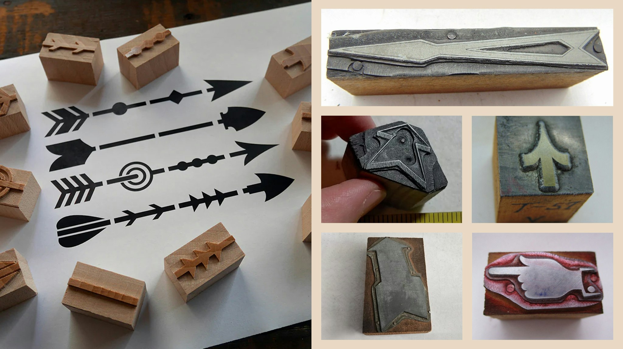 Various arrow printing blocks, showcasing antique letterpress wood and metal type