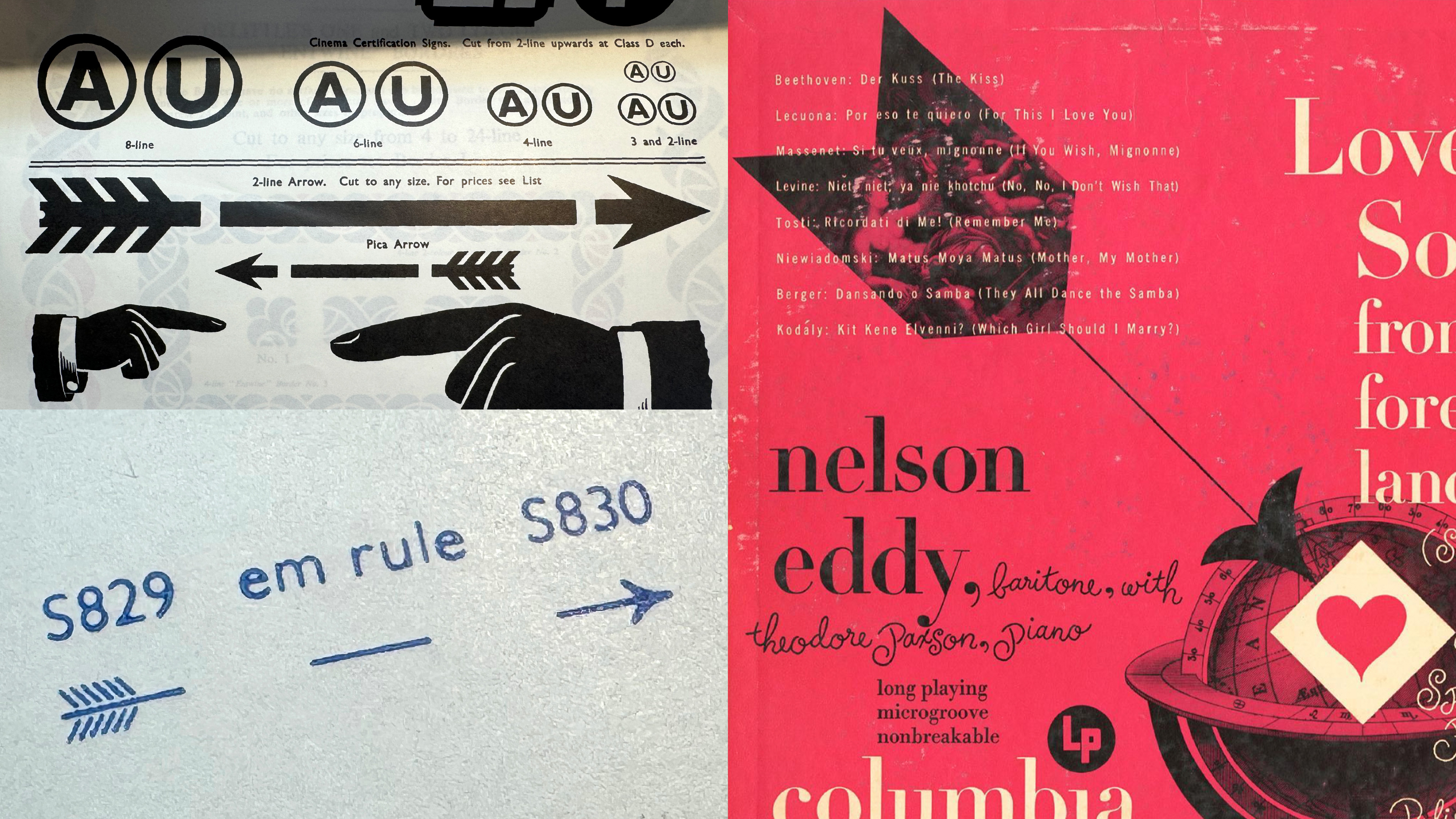 Vintage arrow graphics and typography references, including retro pointing hand icons, arrow symbols, and mid-century design examples for inspiration