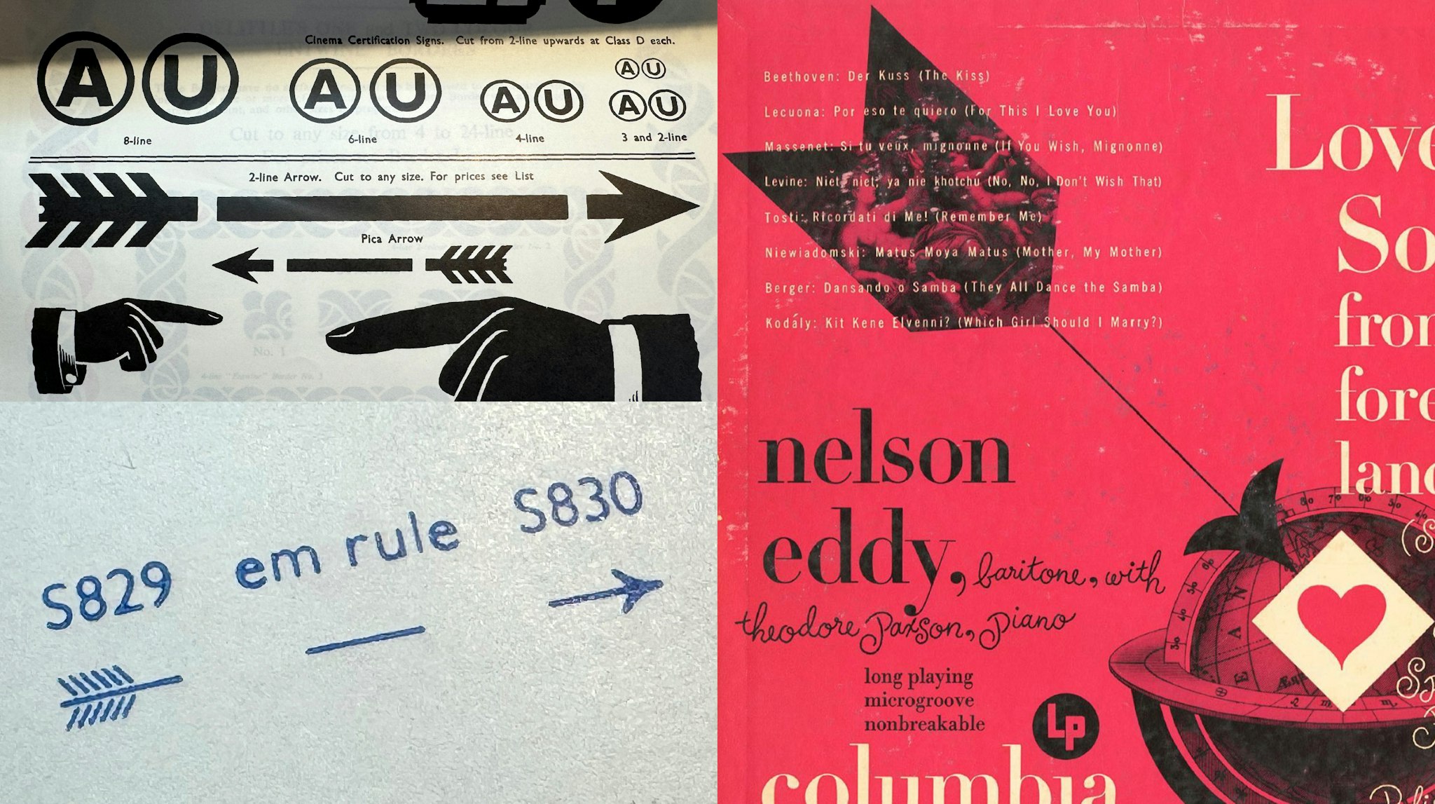 Vintage arrow graphics and typography references, including retro pointing hand icons, arrow symbols, and mid-century design examples for inspiration