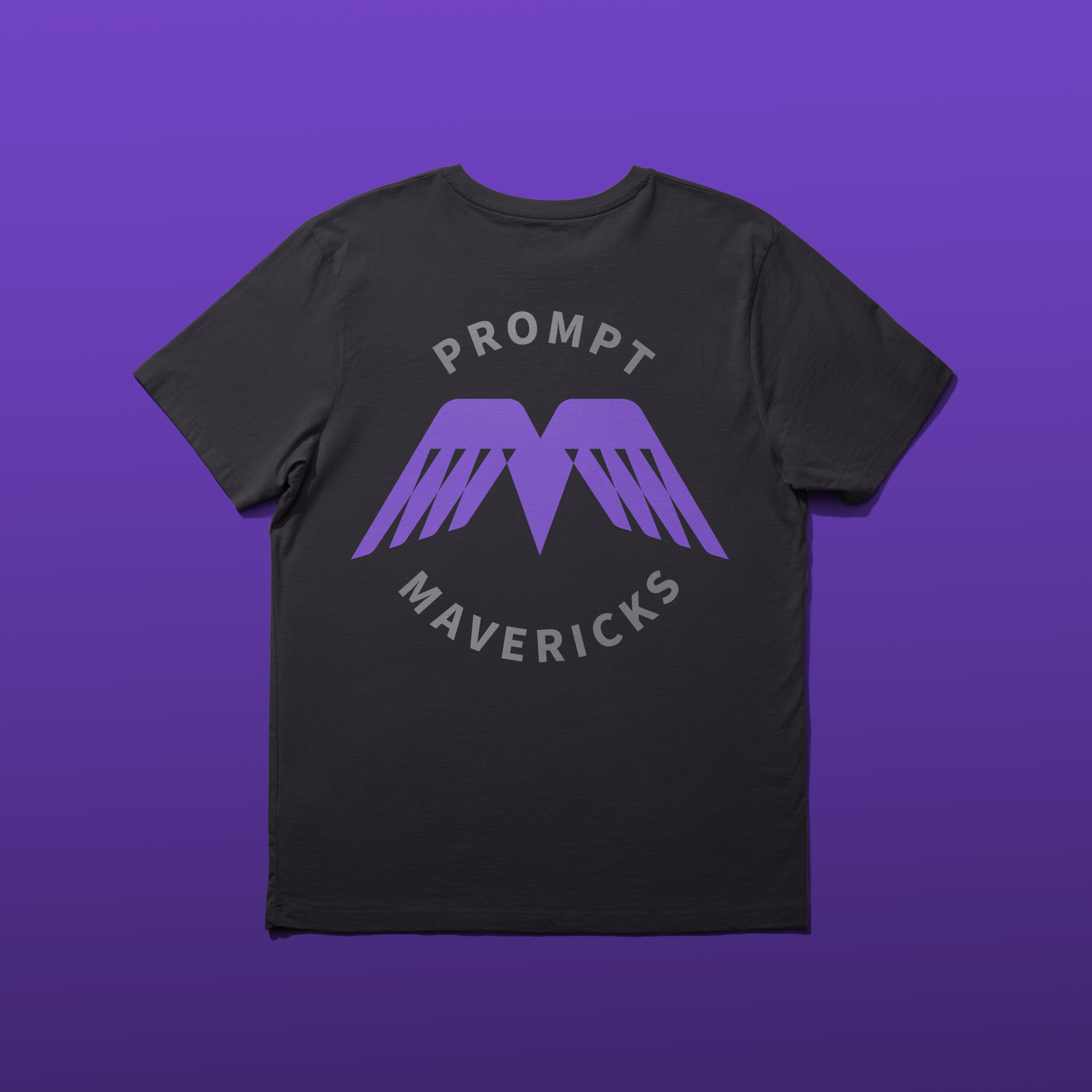 Dark grey t-shirt with purple and silver “Prompt Mavericks” roundel logo on dark purple gradient background