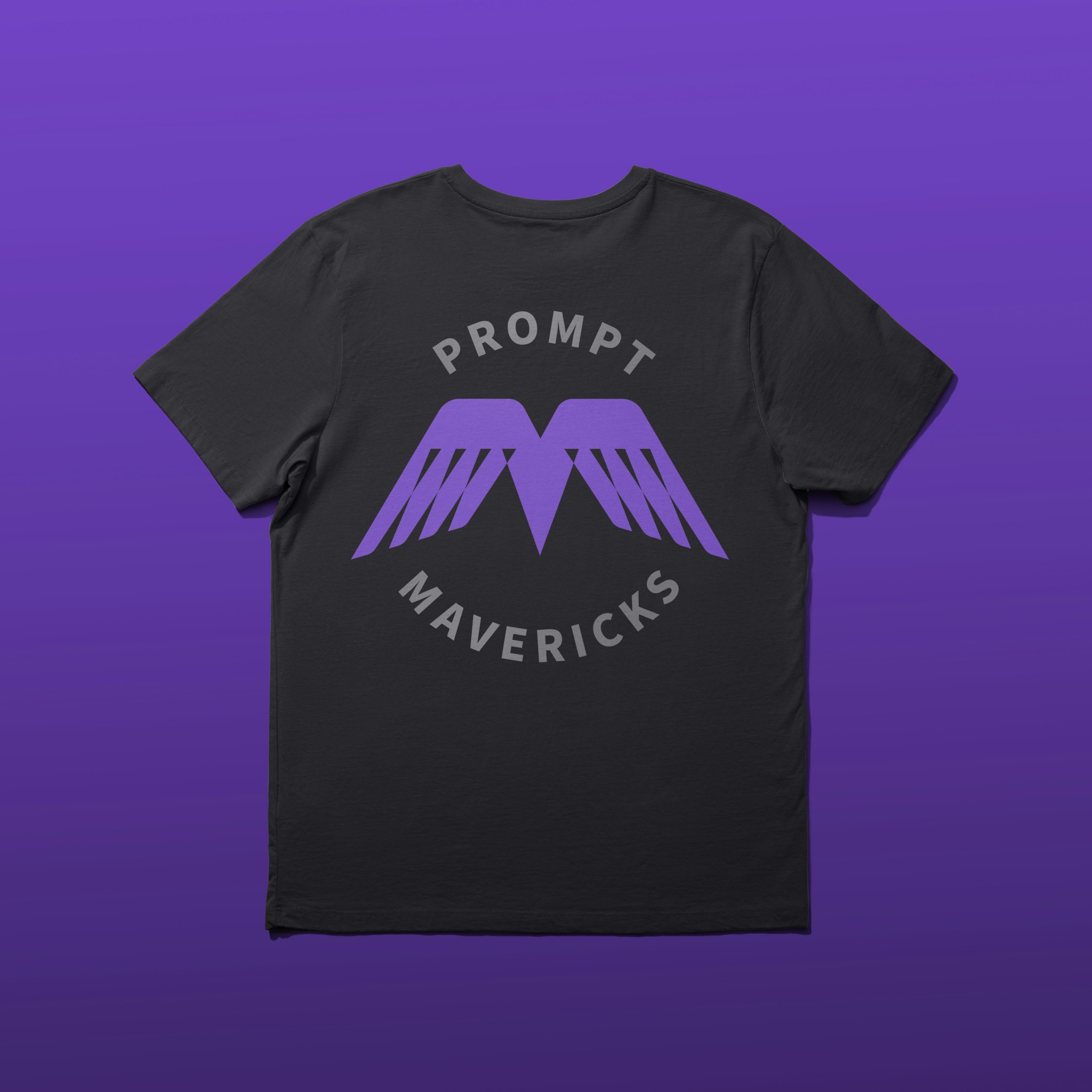 Dark grey t-shirt with purple and silver “Prompt Mavericks” roundel logo on dark purple gradient background