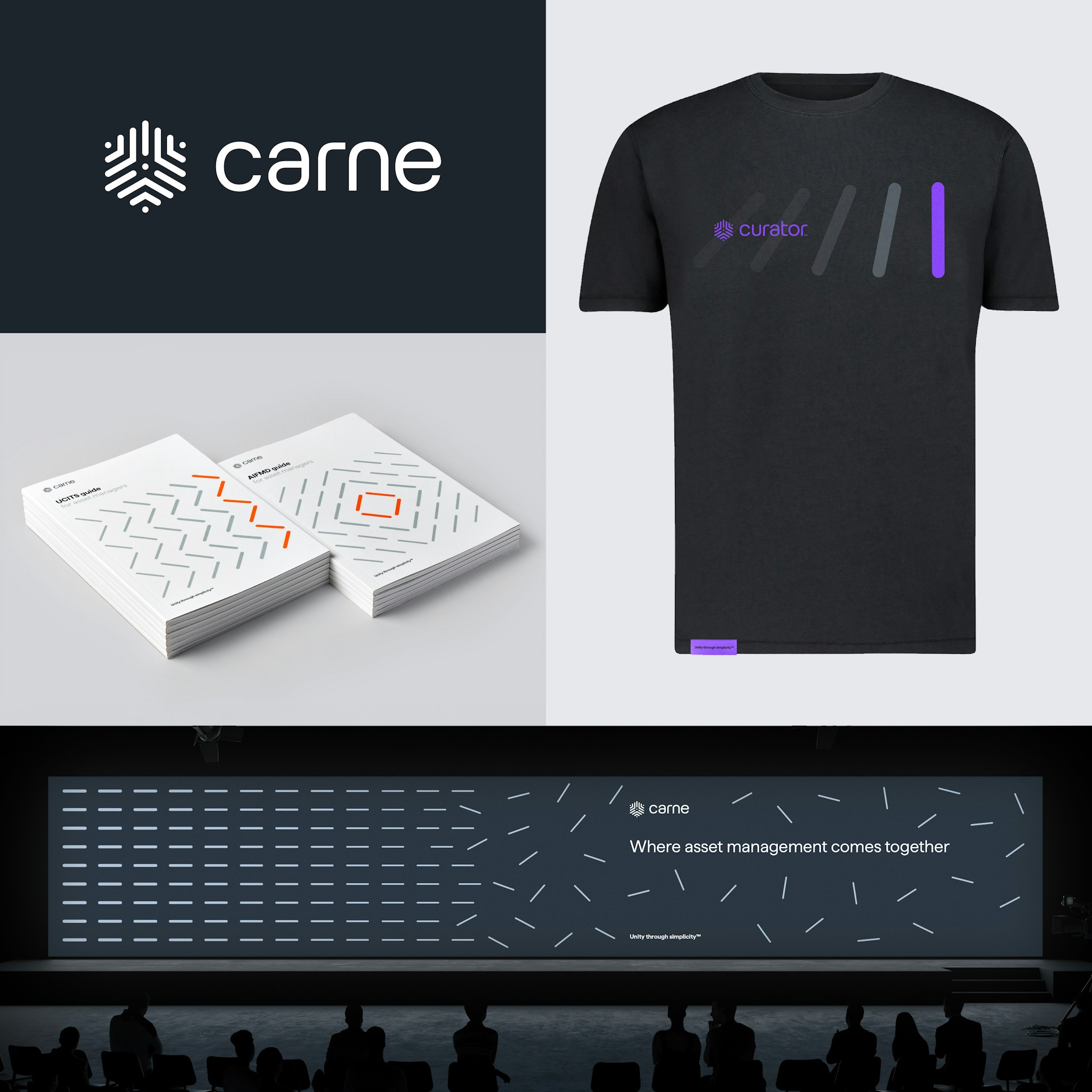 Montage of Carne Group’s early brand with logo and fine line abstract graphics on guidebook, event screen and t-shirt on mostly dark grey backgrounds
