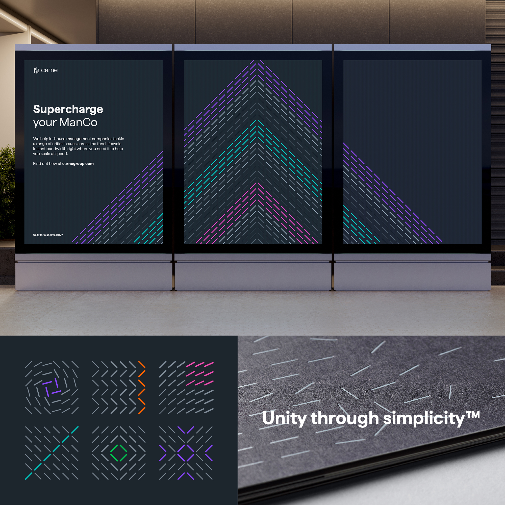 Montage of Carne Group initial rebrand with fine abstract line graphics, dark grey backgrounds, digital billboard and print details