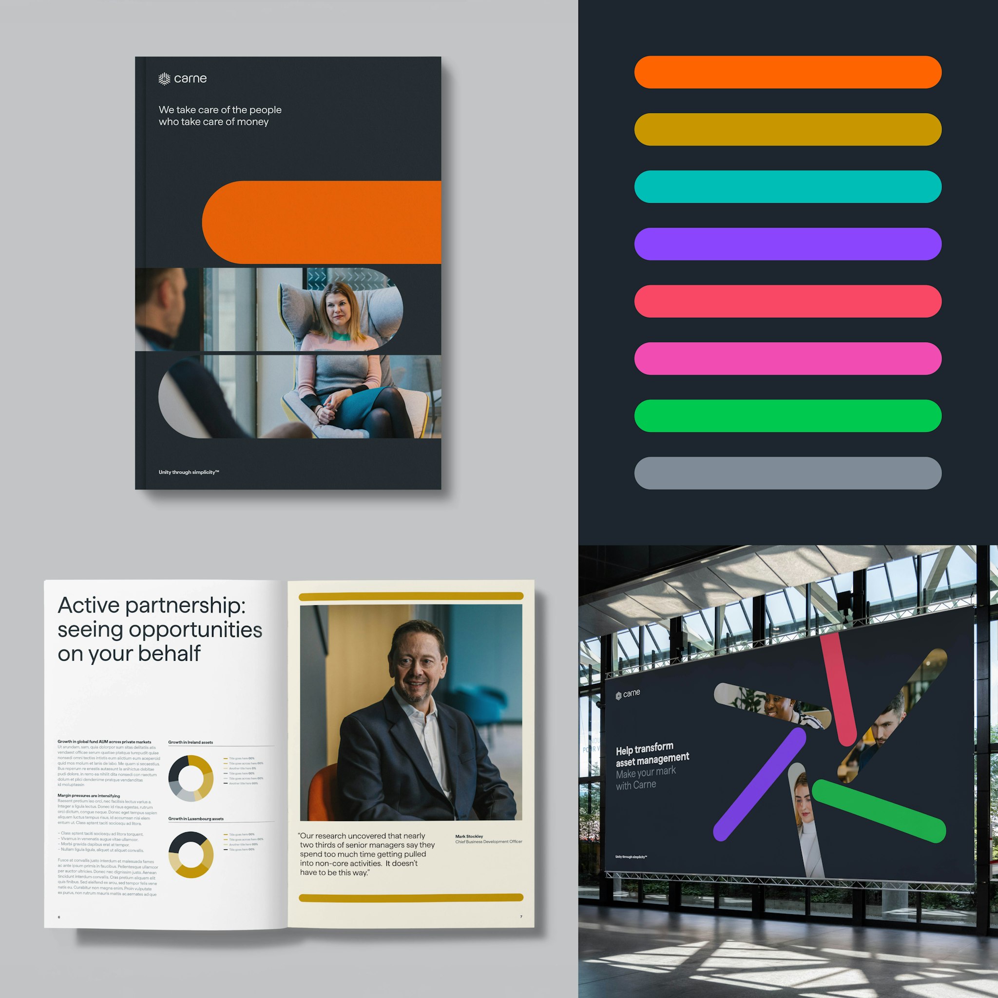 Montage of Carne Group's brand featuring bold graphic brochures, billboard, and bright coloured lines showing the positive brand evolution