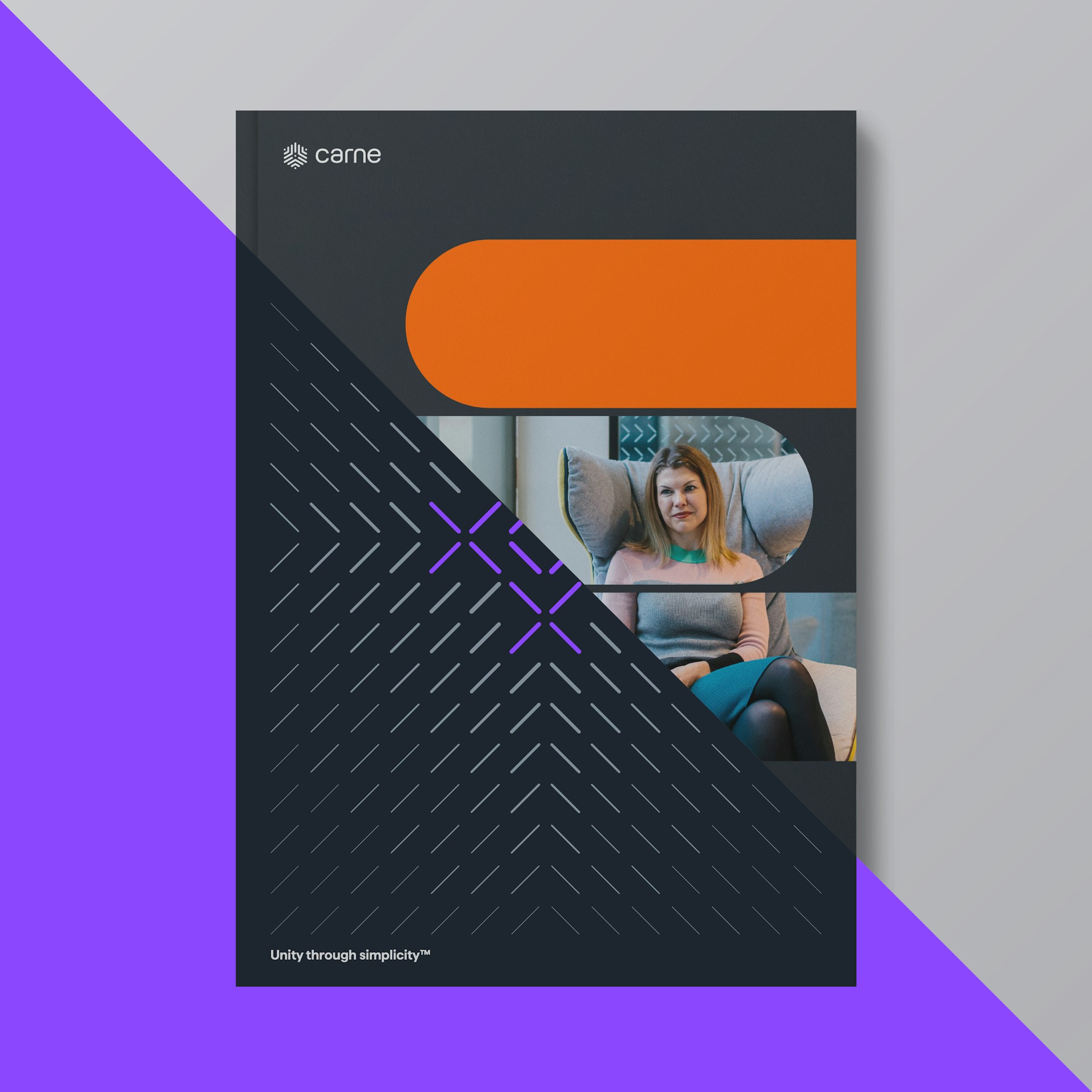Diagonal split showing abstract fine line graphic on dark grey/purple and dark grey brochure with bold lines filled with bright orange and photography