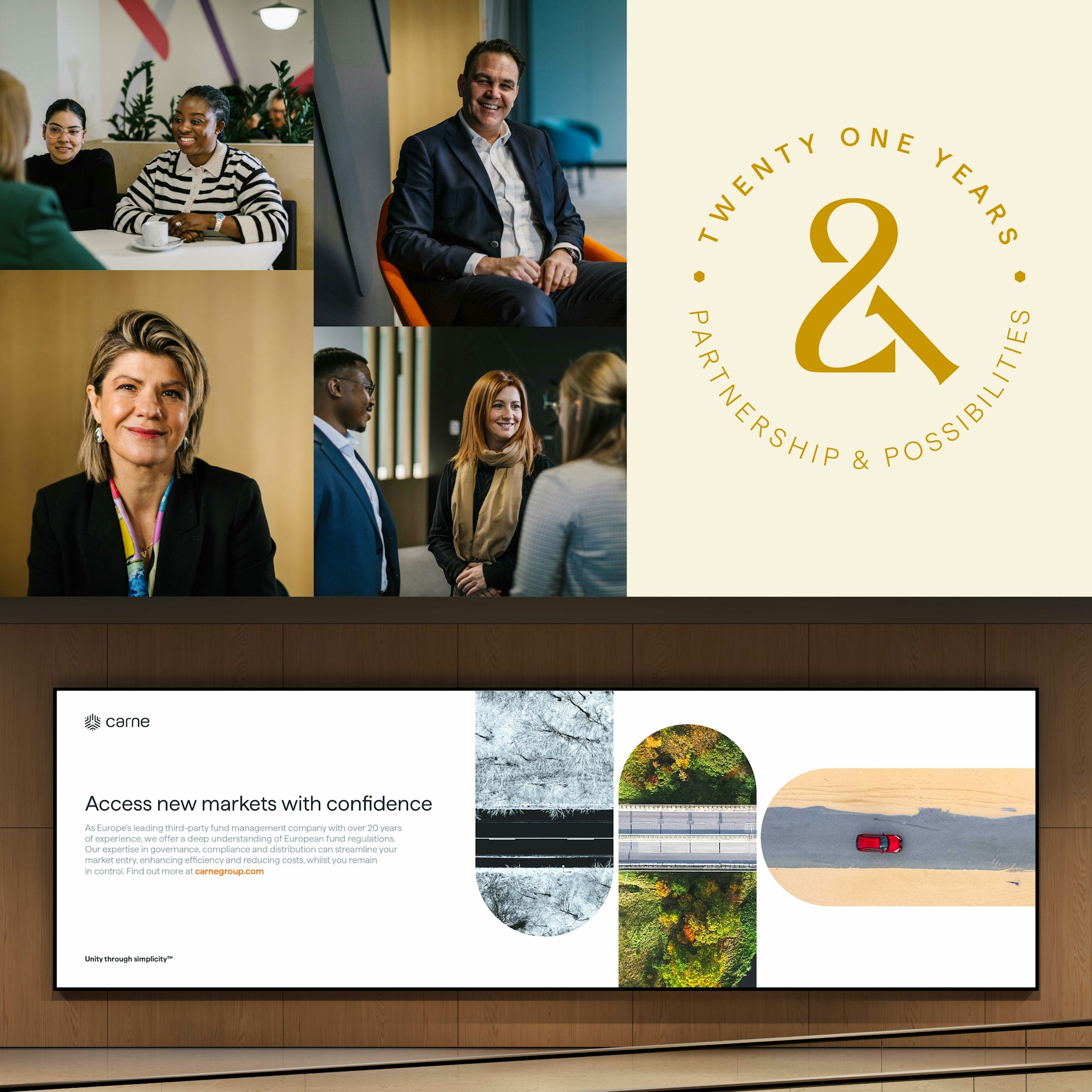 Montage showing Carne Group’s brand evolution with positive office scenes, bold graphic billboard and gold anniversary logo