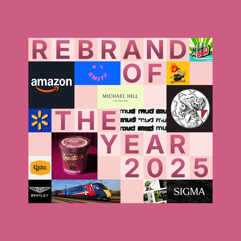 Collage of 2025 rebrand projects with varied brand visuals and pink tiles reading 'Rebrand of the Year 2025