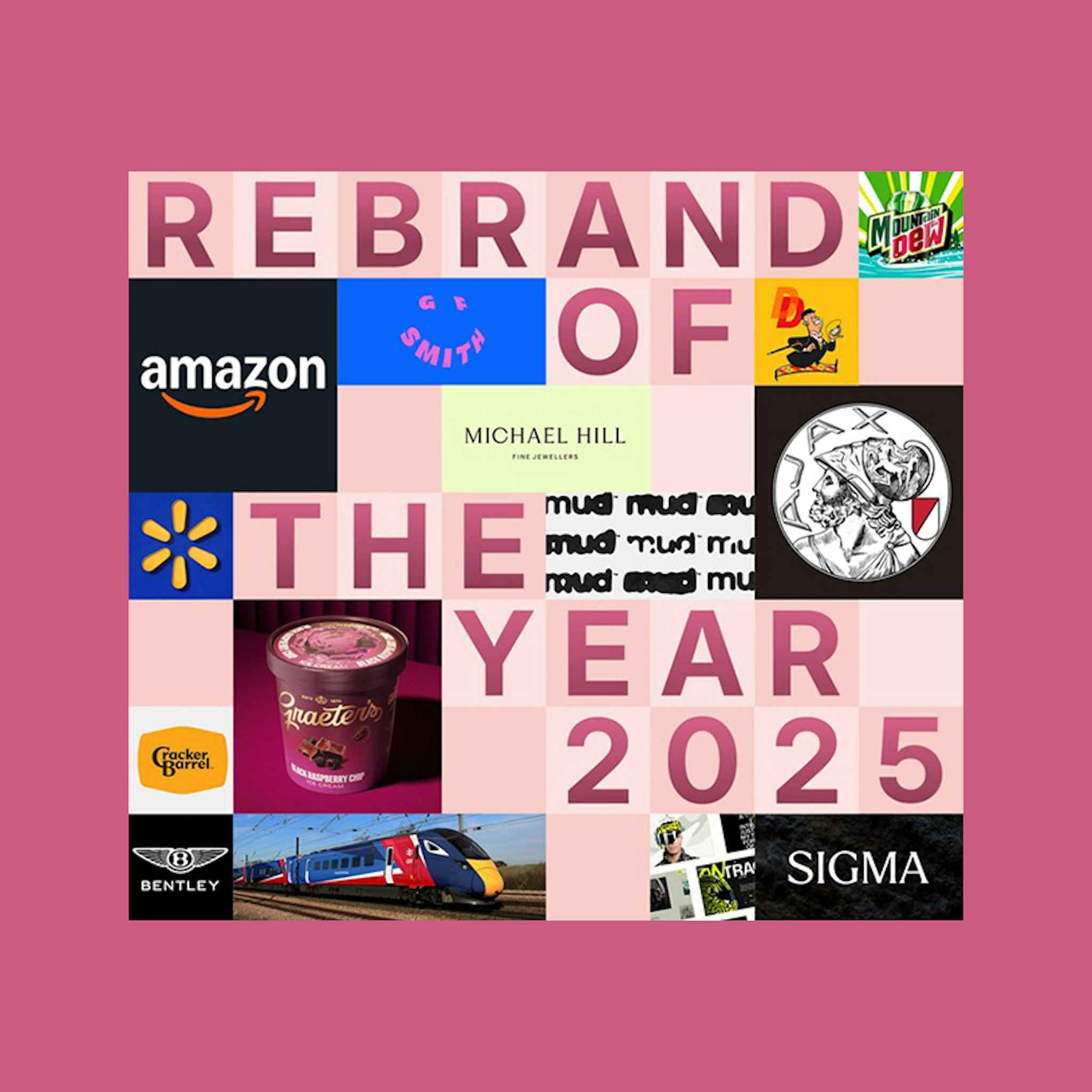 Collage of 2025 rebrand projects with varied brand visuals and pink tiles reading 'Rebrand of the Year 2025