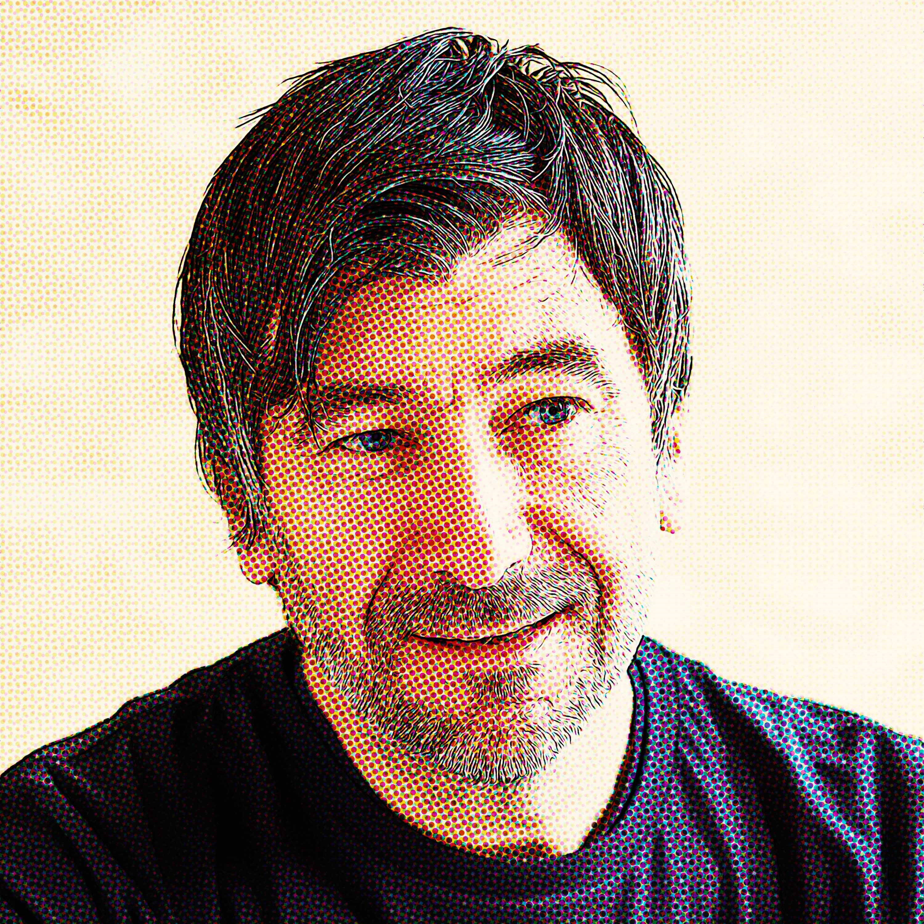 Portrait of smiling man with pop-art pixel effect, conveying a relaxed and content expression