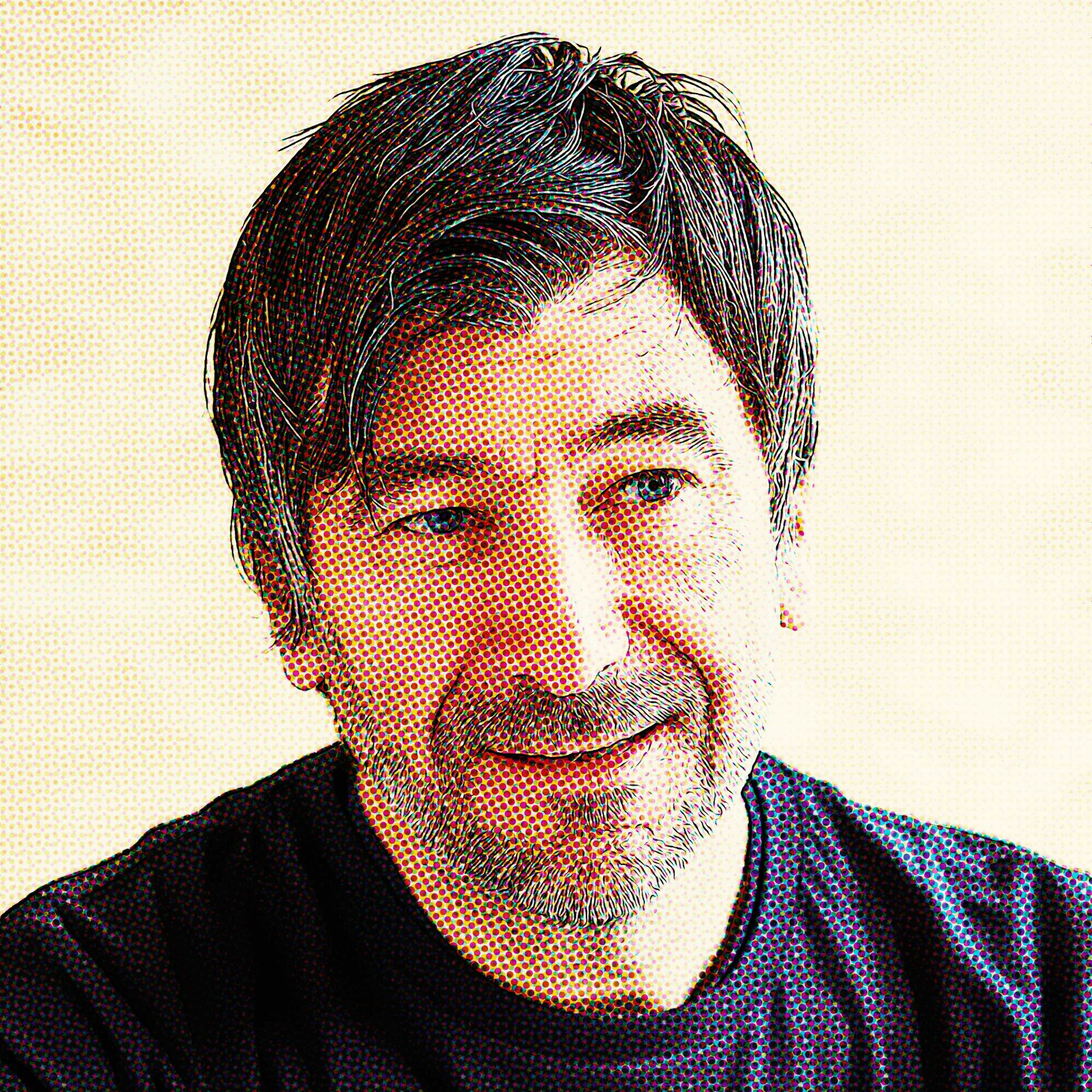 Portrait of smiling man with pop-art pixel effect, conveying a relaxed and content expression