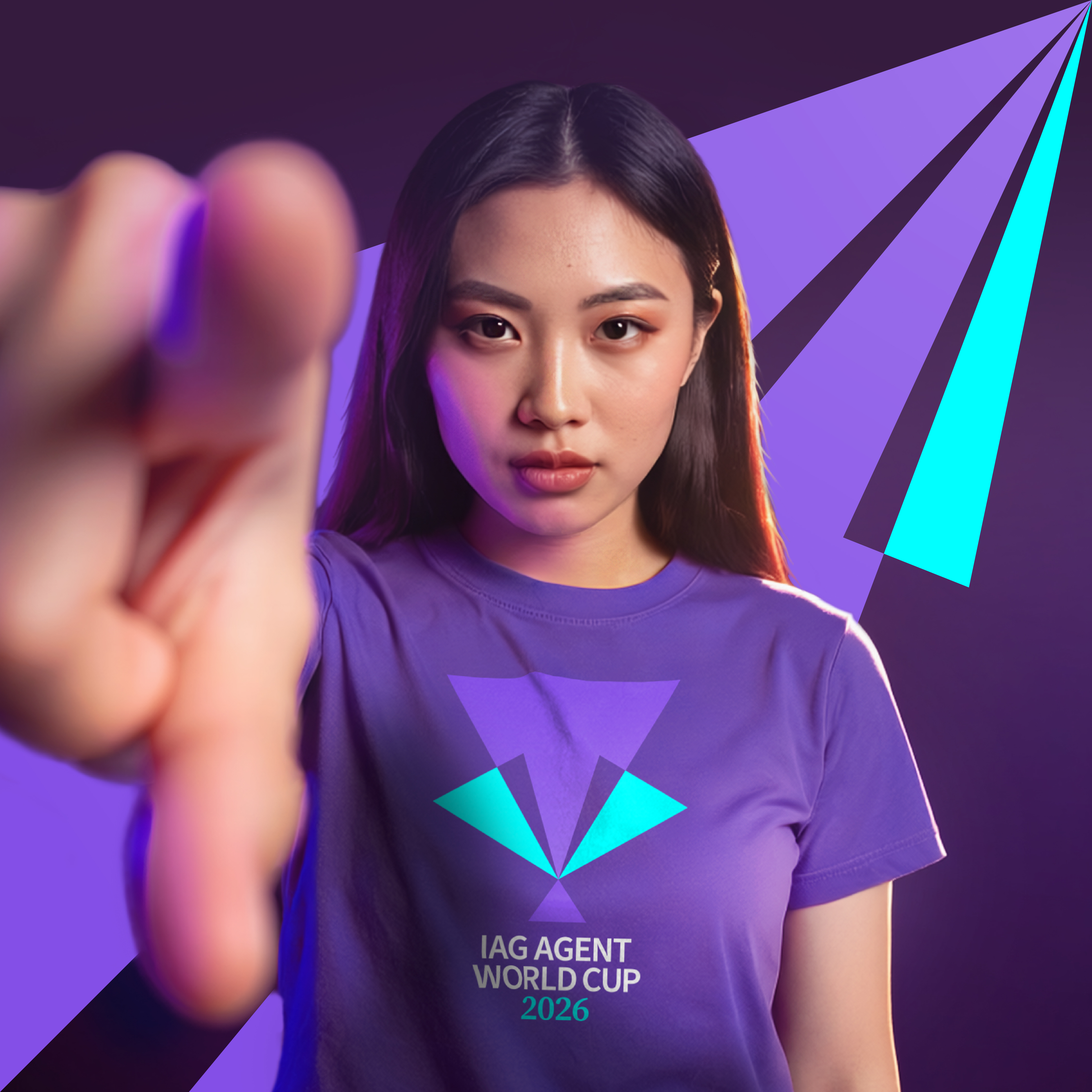 Asian woman pointing at camera wearing IAG Agent World Cup T-shirt with cyan and purple sparks on dark purple background
