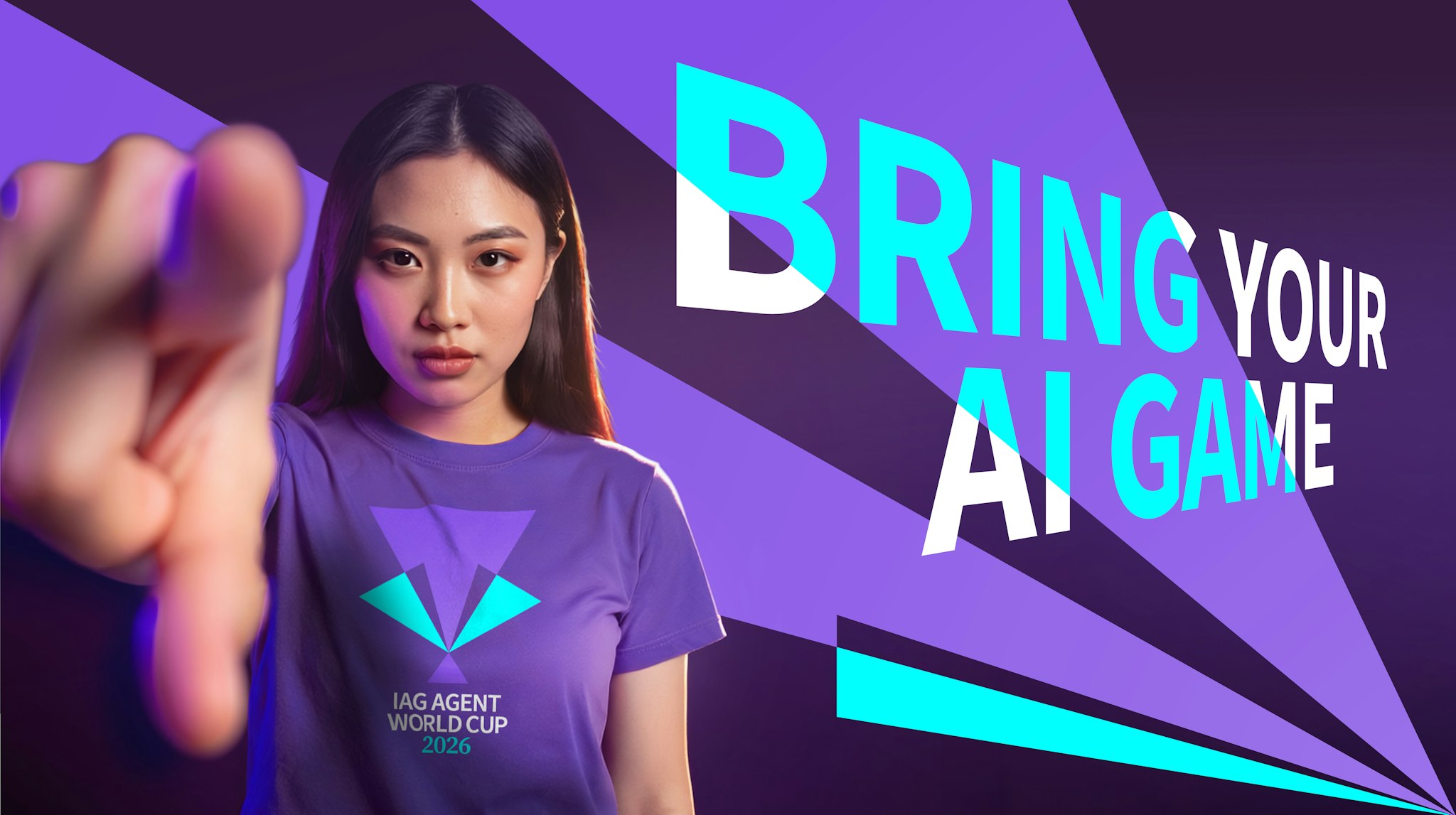 Asian woman pointing at camera wearing IAG Agent World Cup T-shirt with cyan and purple sparks with "Bring your AI game"