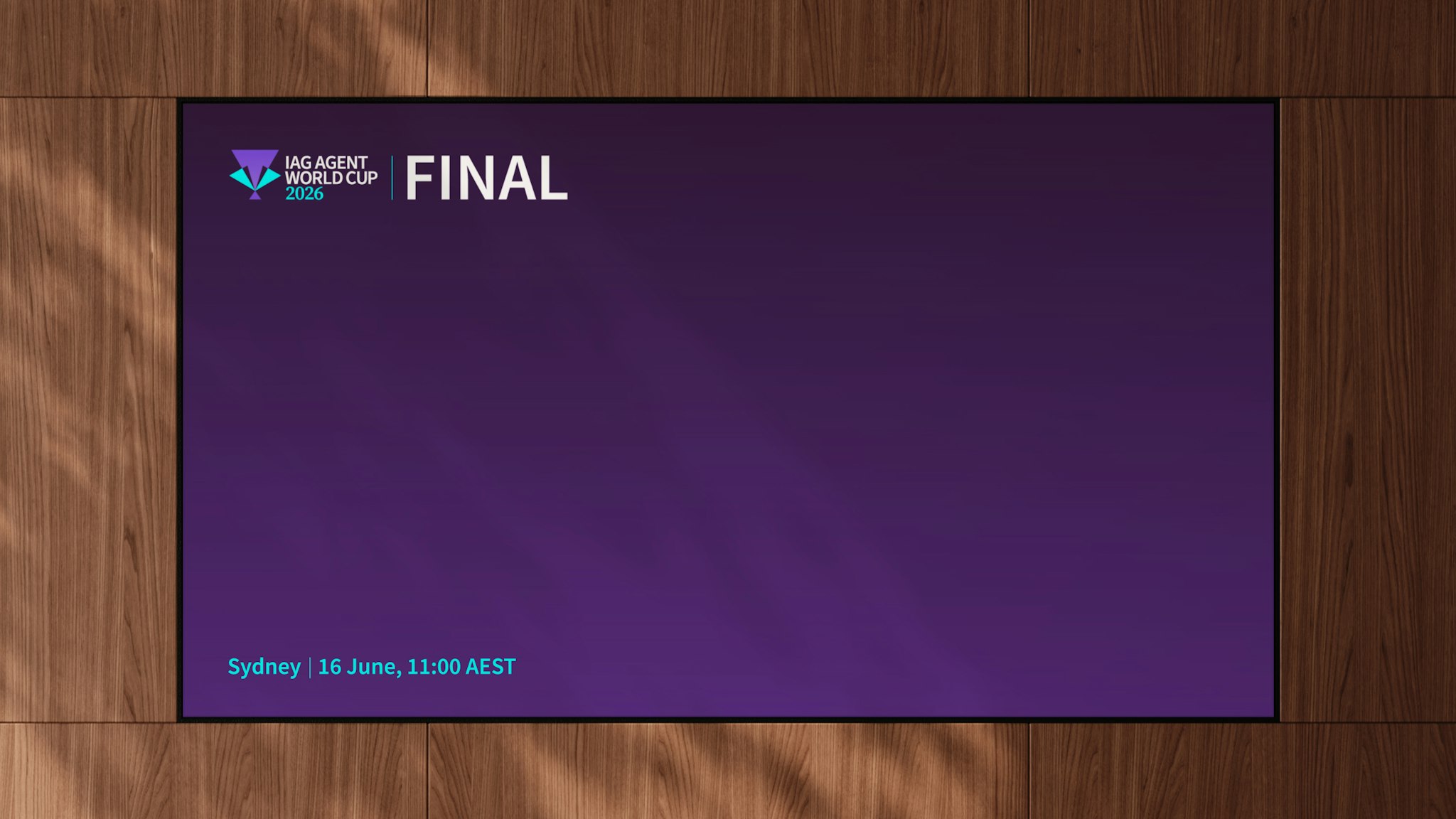 Arrow of cyan and purple sparks sweeping across screen to reveal Agent World Cup final countdown timer