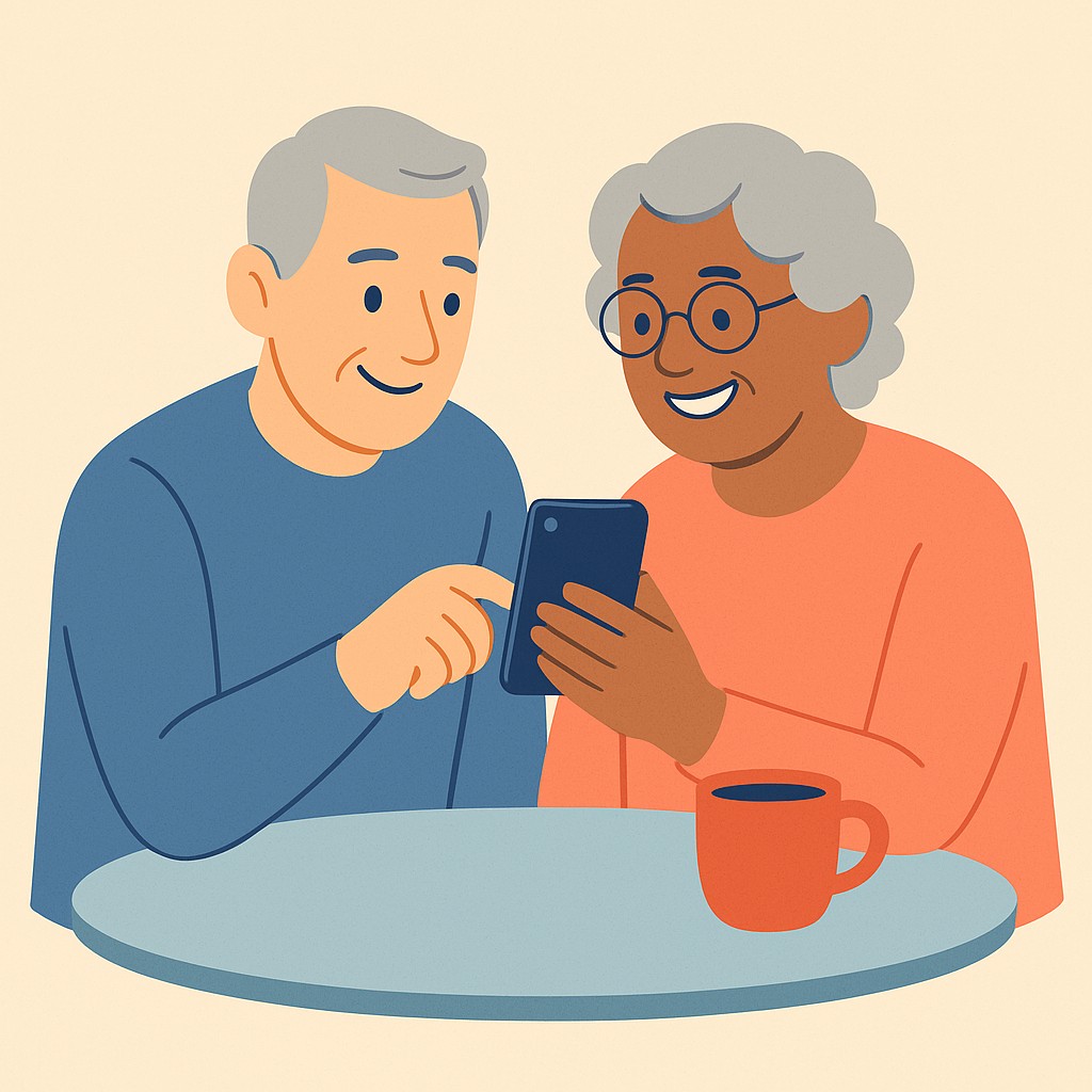 مادر سالمند با لبخند در حال فرستادن لوکیشن از طریق موبایل