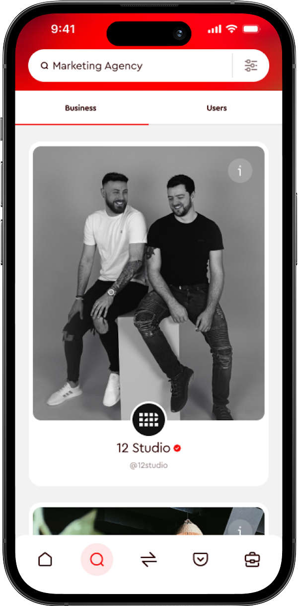 Pocketchange mobile app interface showing search results for 'Marketing Agency' with a featured profile of 12 Studio, displaying two casually dressed men sitting and smiling in a grayscale portrait.