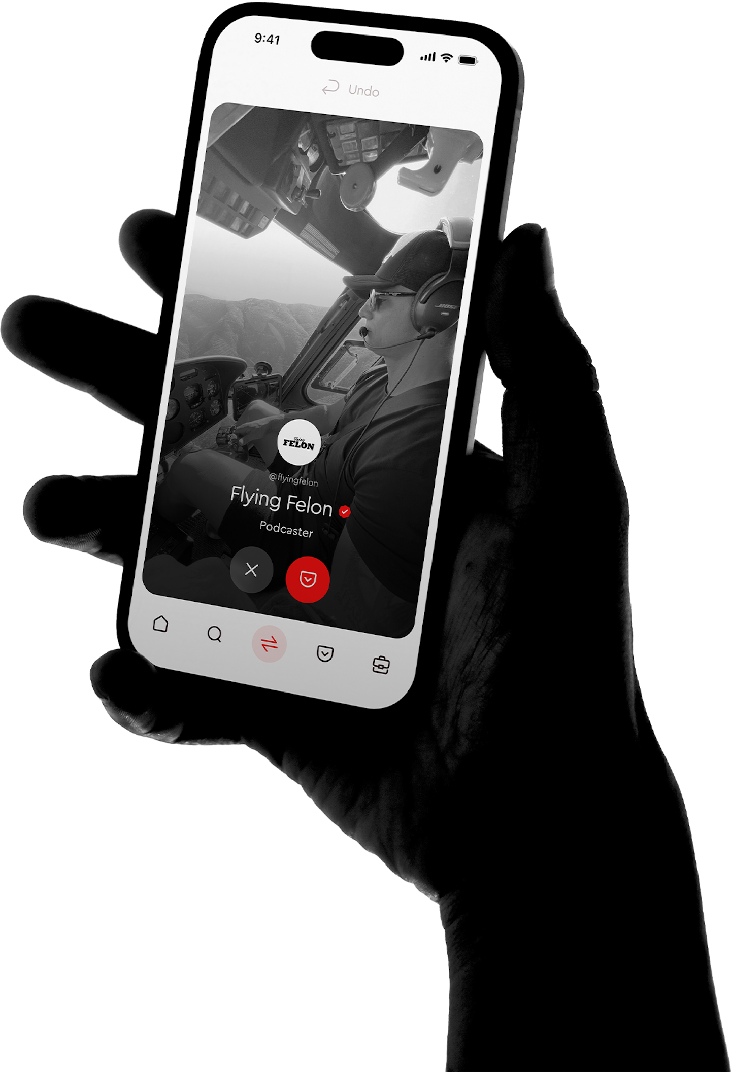 Person holding a smartphone displaying a Pocketchange app profile screen for 12 Studio, a digital marketing agency, featuring two men sitting and smiling in a modern, minimal interface.