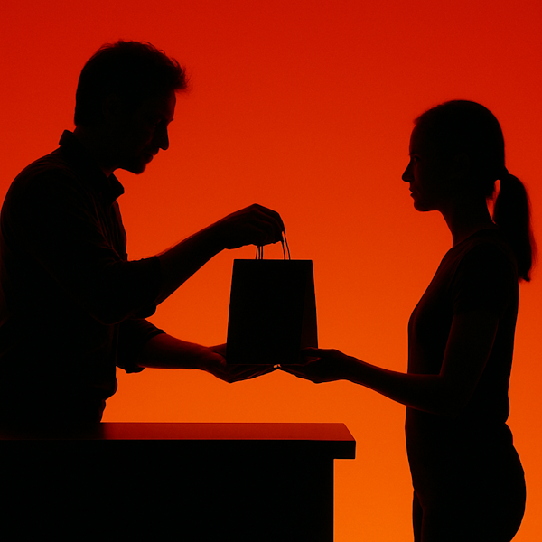 Shop keeper passing shopping to woman