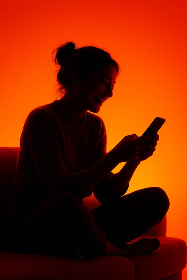 Happy woman holding a phone using the Pocketchange app