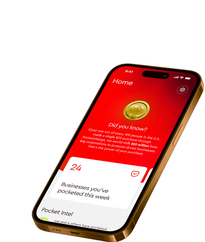 Gold iPhone mockup displaying the Pocketchange home screen, featuring a red interface with a “Did you know?” impact message, a coin icon, and a dashboard card showing the number of businesses supported this week, along with additional activity below.