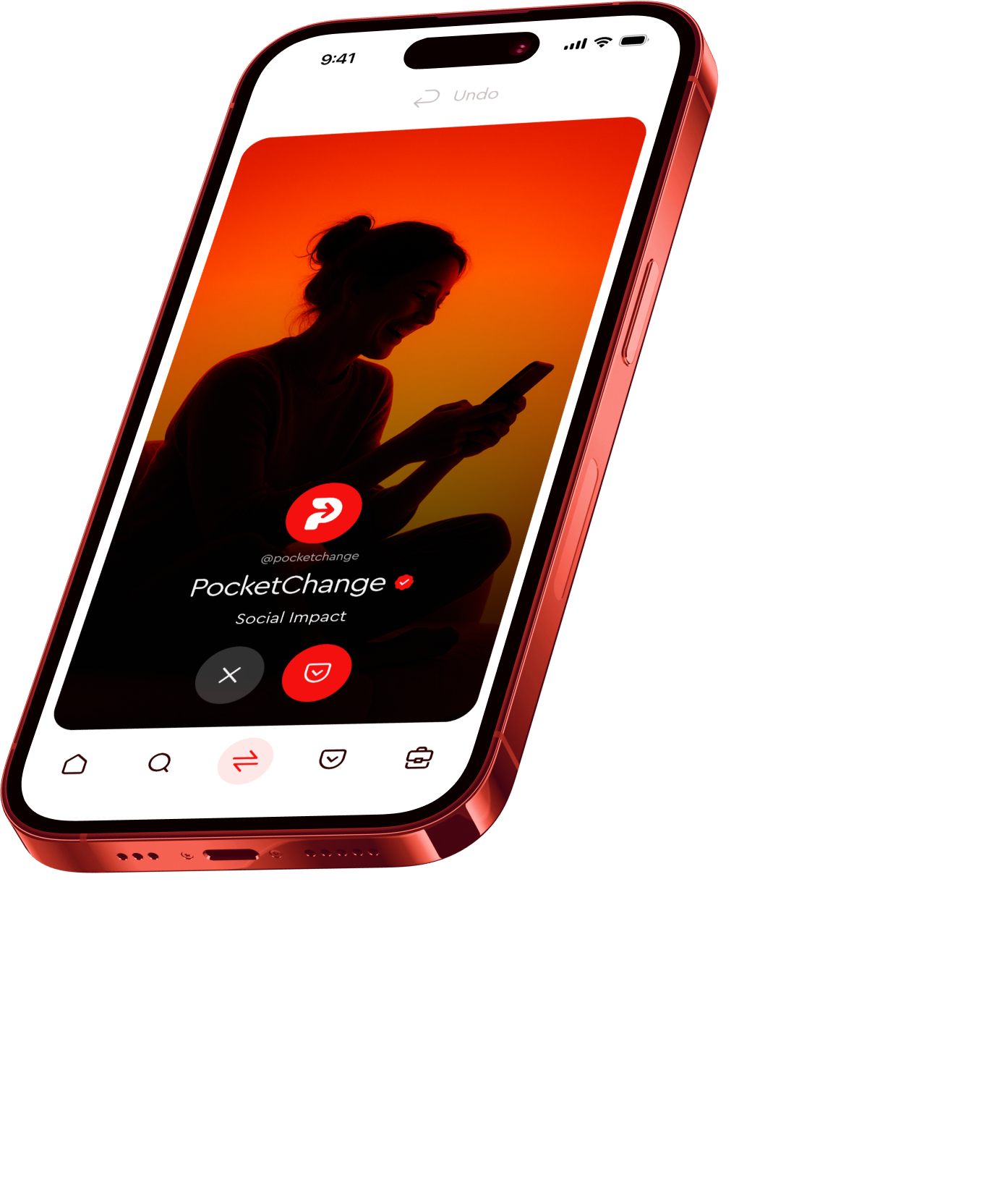Red iPhone mockup displaying the Pocketchange app, showing a social impact profile called Cubbi. The screen features a black-and-white photo of an adult helping a child, with action buttons for supporting or dismissing the cause and a bottom navigation bar for browsing impact projects.