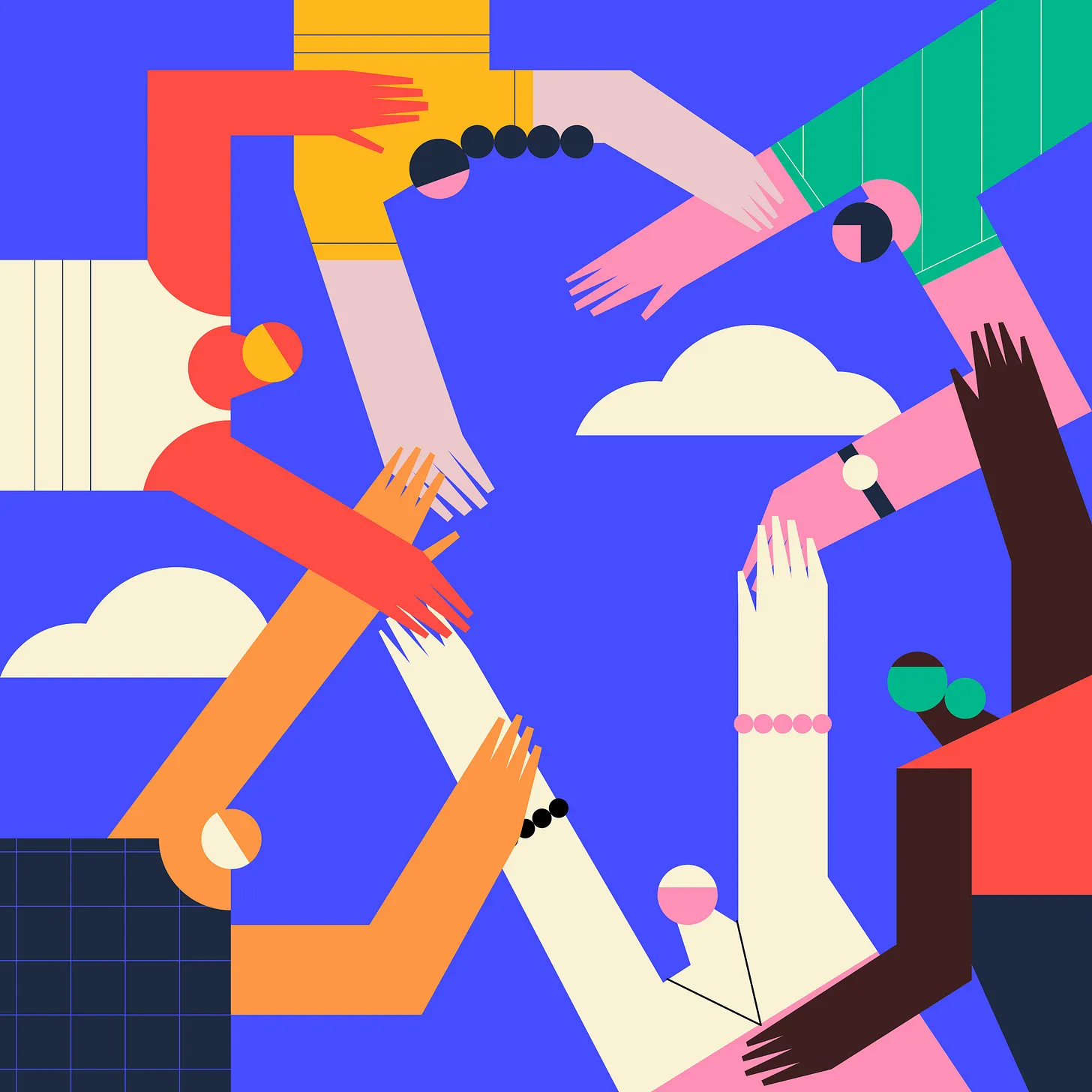 Abstract illustration of hands reaching toward each other against a vibrant blue background