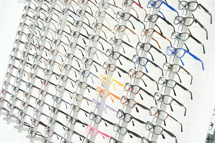 Rows of glasses in direct sight shop