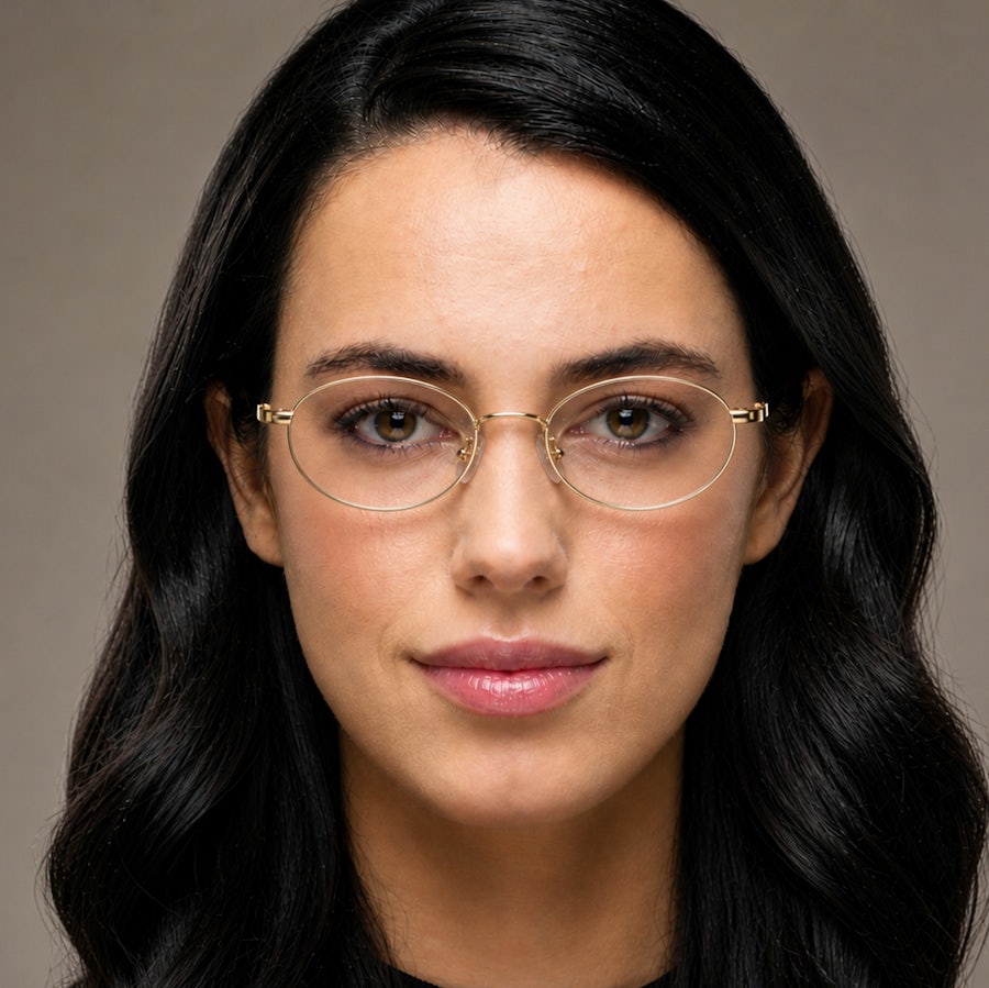 Woman wearing gold metal oval frame