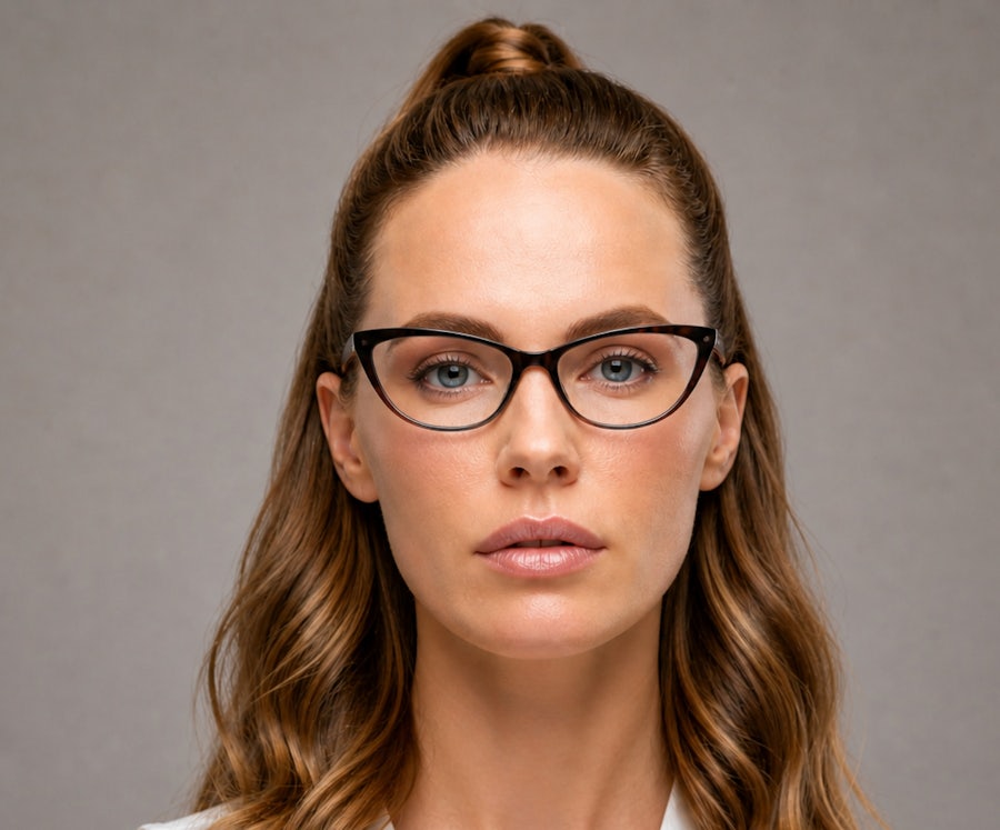 Woman wearing a black cat eye shaped glasses frame