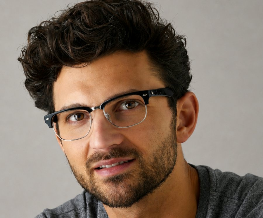 Man wearing a browline glasses frame in black and silver