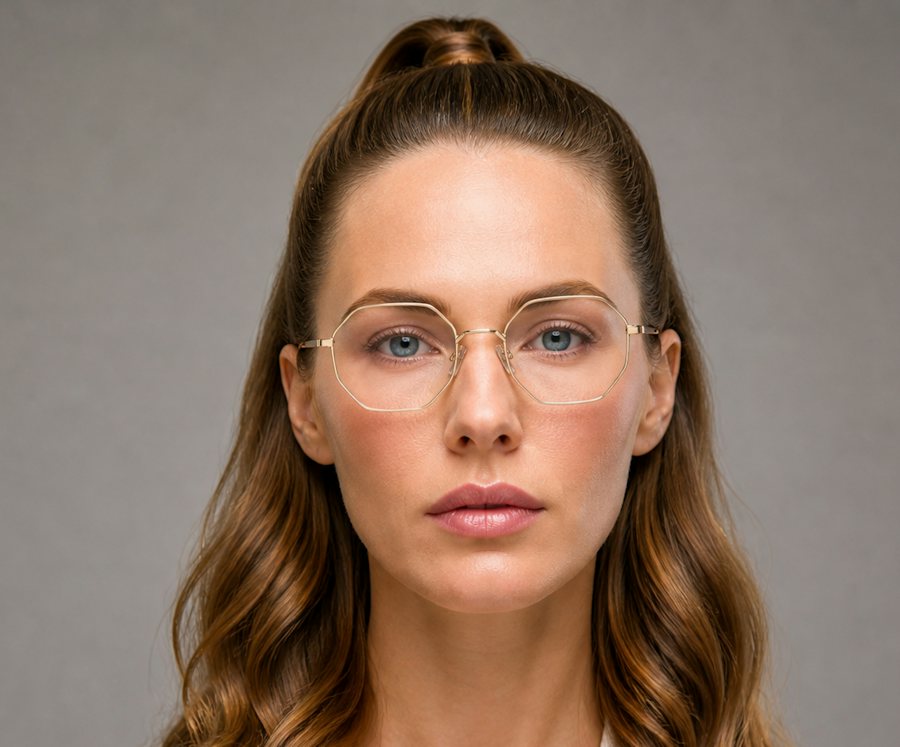Woman wearing a geometric metal gold frame