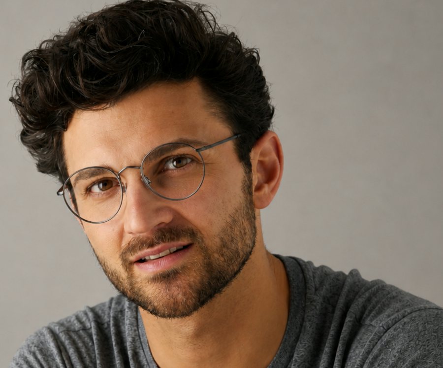Man wearing a round metal black glasses frame