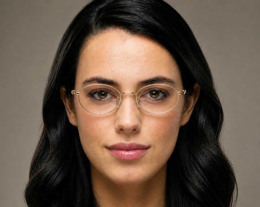 Woman wearing an oval gold metal glasses frame