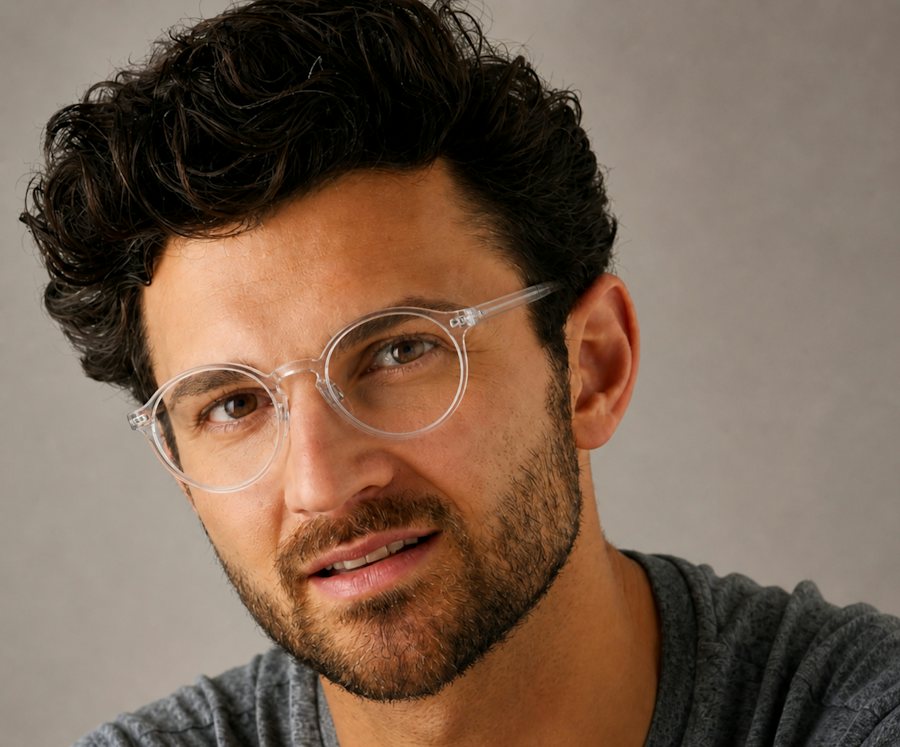 Man wearing round plastic transparent frame