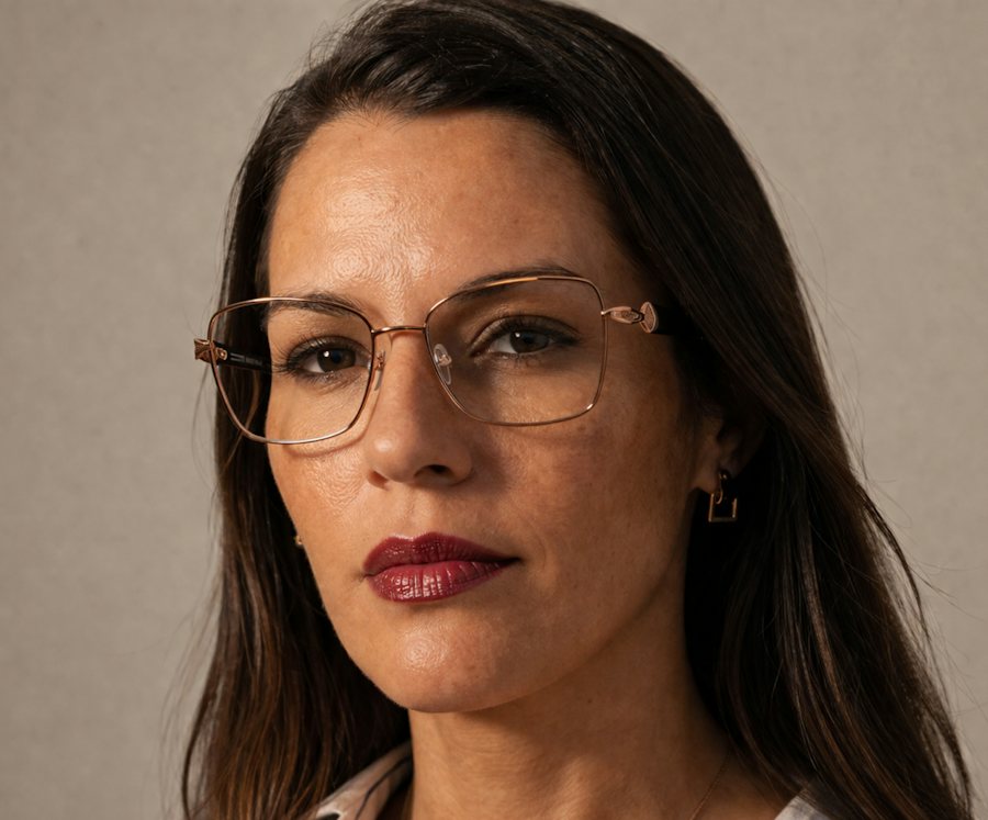 Woman wearing a metal glasses frame with temple detailing