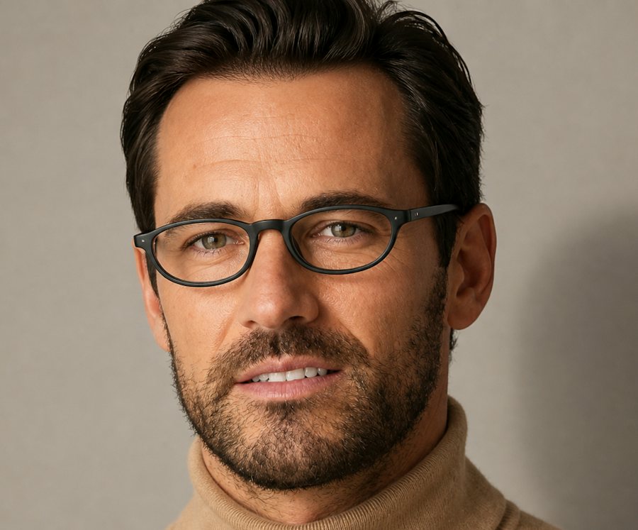 Man wearing a gentle rounded frame in black