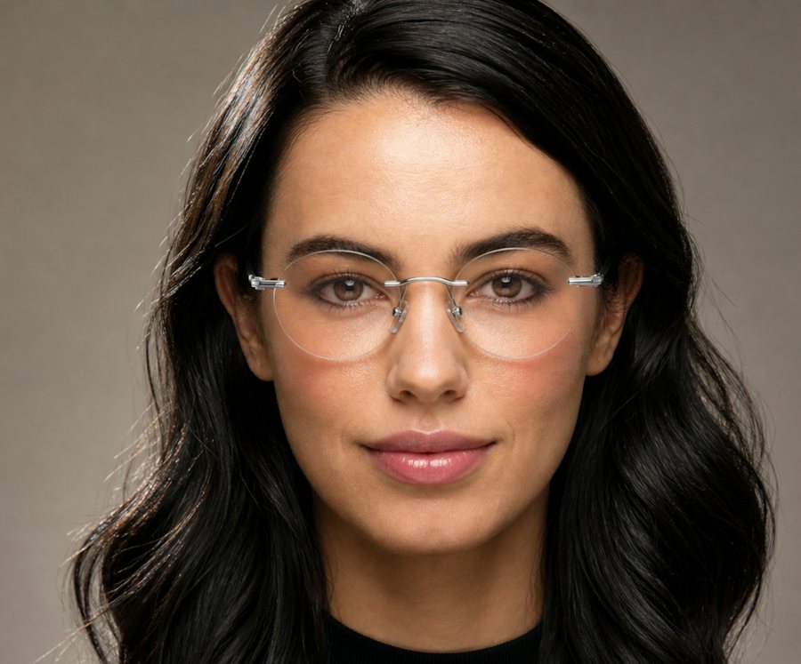 Woman wearing a round lens rimless frame