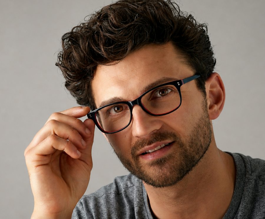Man wear rectangle plastic glasses