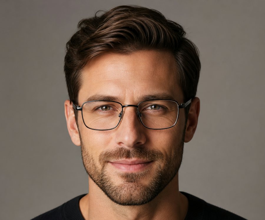 Man wearing a classic rectangle gun metal glasses frame