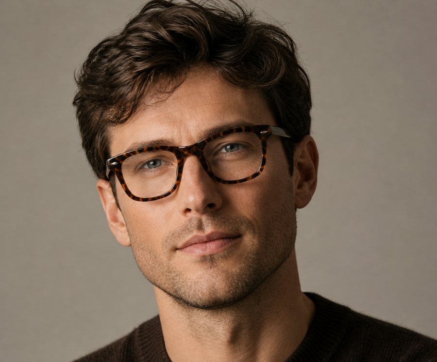 Man wearing a tortoise acetate glasses frame