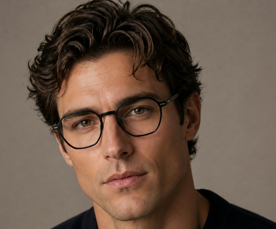Man wearing a geometric shaped black plastic glasses frame