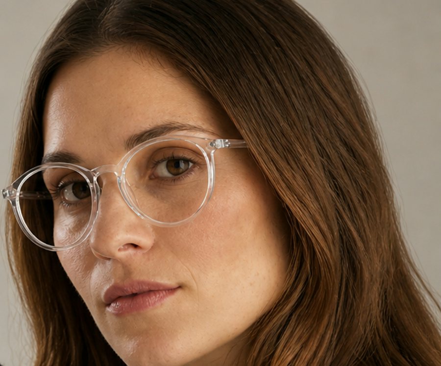 Woman wearing a clear plastic round glasses frame