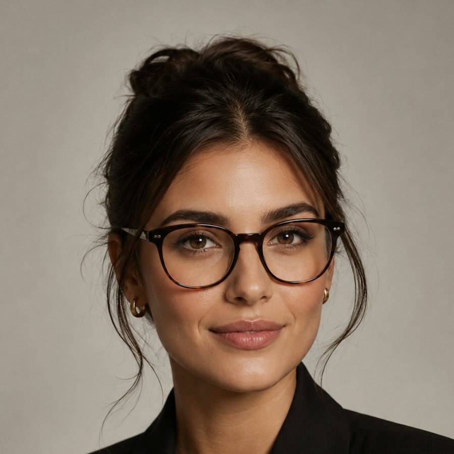 Woman wearing a large plastic frame