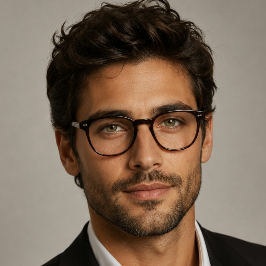 Man with green eyes wearing a black plastic glasses frame