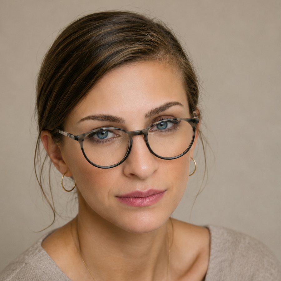Woman with blue eyes wearing a grey havana glasses frame